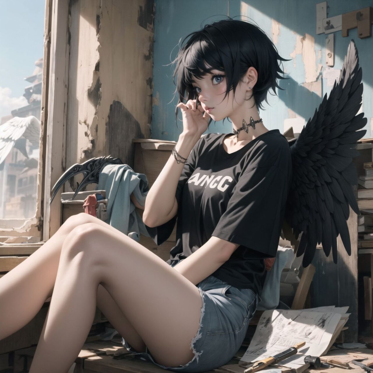 (Emo black angel: 1.5), angel rings and wings,
A girl is depicted in detail sitting in a cluttered room.
She is wearing a black T-shirt and shorts and has a lethargic expression on her face.
In the background are various notes and tools, as well as a bright yellow wall with a blue sky seen through the window, creating an ennui and chaotic atmosphere,