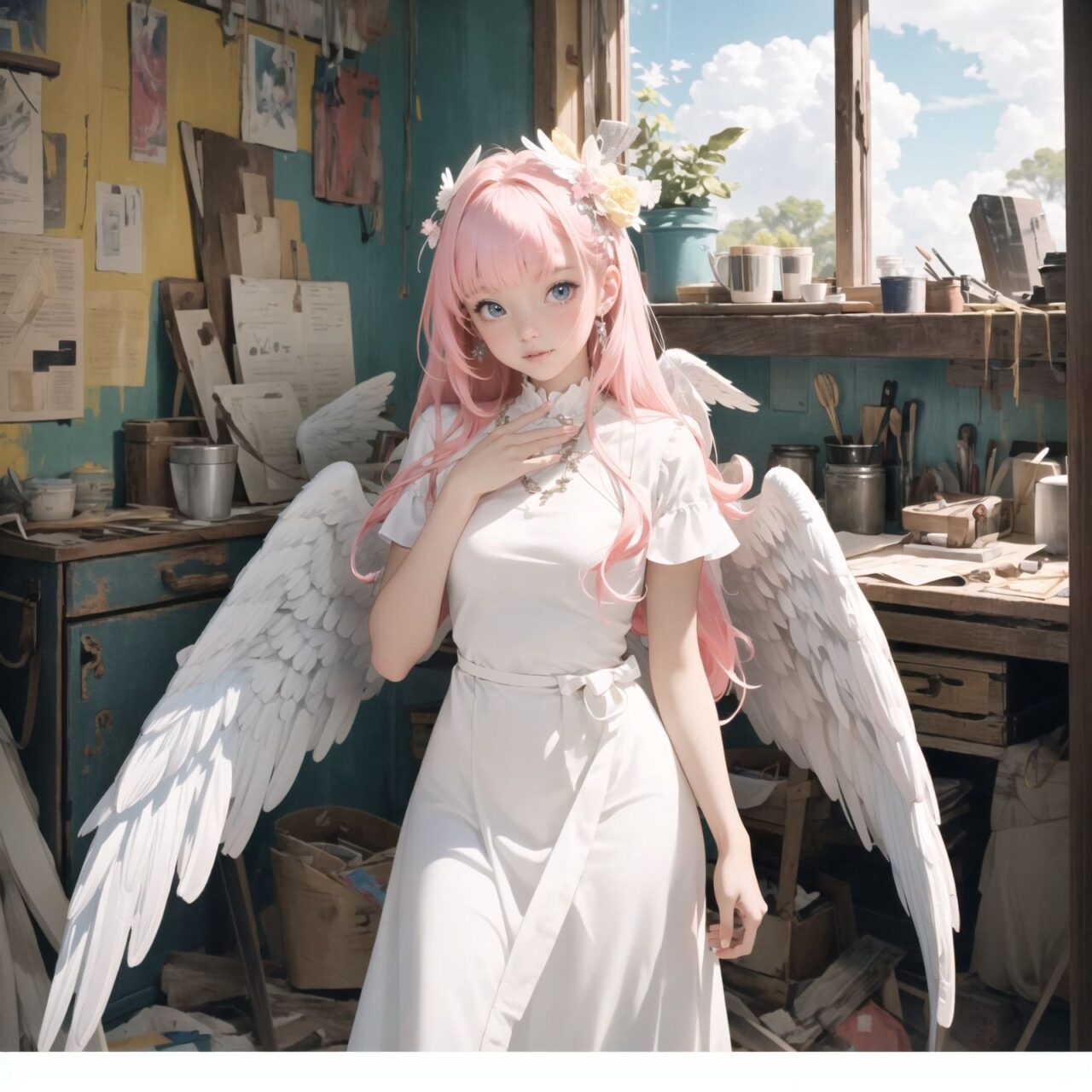 (white angel: 1.5), padded with angel rings, symmetrical white wings, pink bangs and straight hair,
A girl is depicted in detail sitting in a cluttered room.
She has a lethargic look on her face.
In the background are various notes and tools, as well as a bright yellow wall with a blue sky seen through the window, giving the anime poster an ennui and chaotic atmosphere.