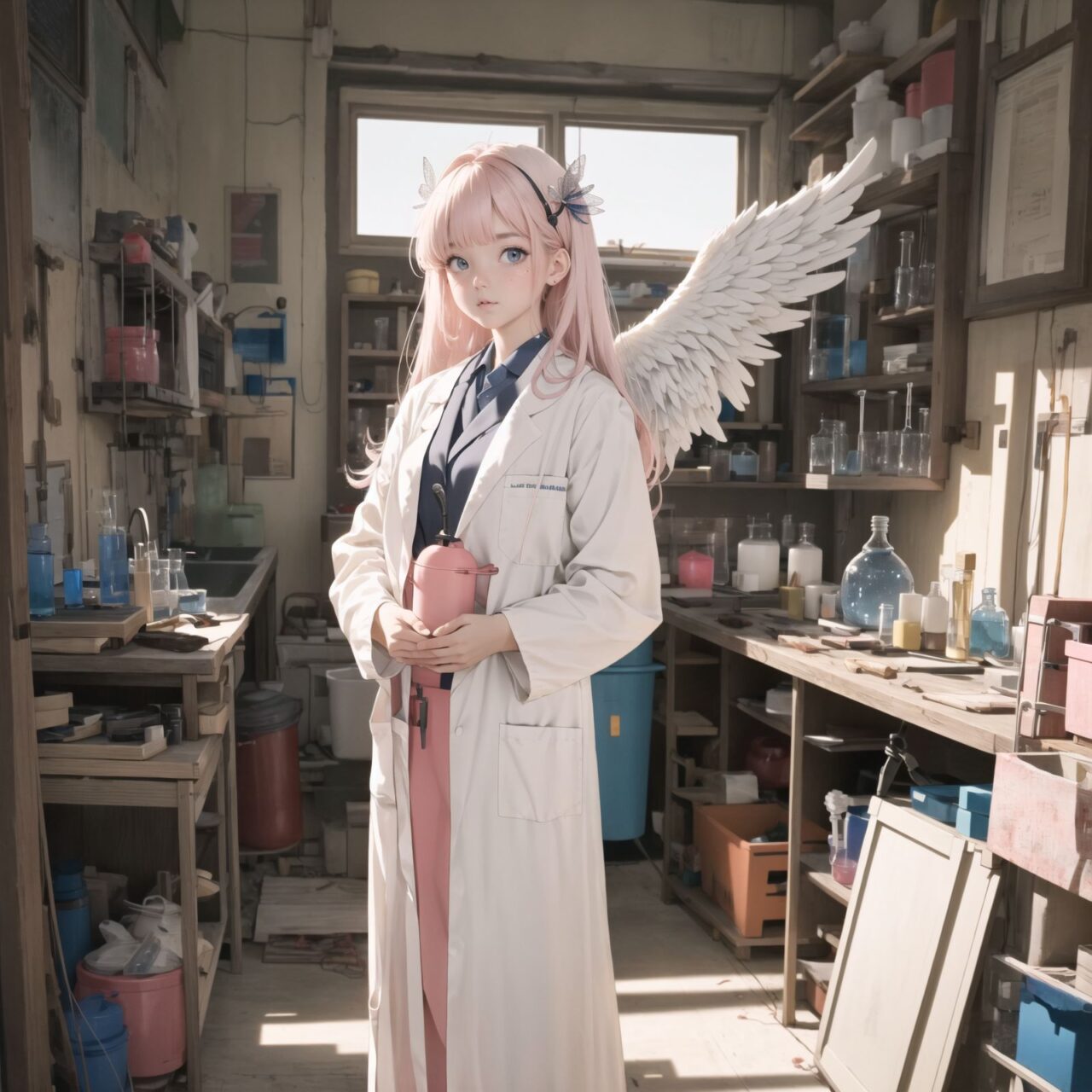 (lab coat angel:1.5), padded with angel rings, symmetrical white wings, pink bangs and straight hair,
A girl is depicted in detail sitting in a cluttered room.
She has a lethargic look on her face.
In the background are various notes and tools, as well as a bright yellow wall with a blue sky seen through the window, giving the anime poster an ennui and chaotic atmosphere.