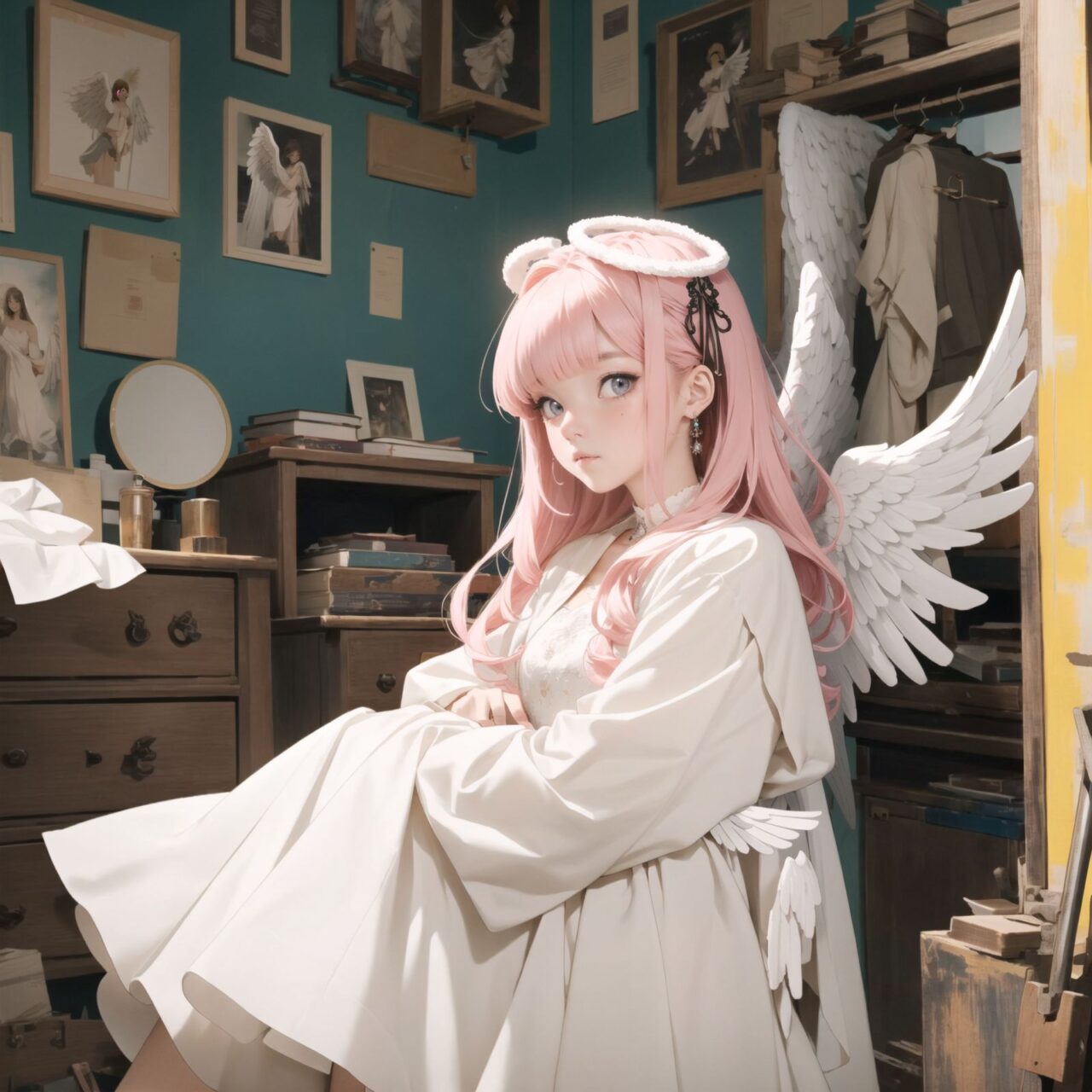 (white angel: 1.5), padded with angel rings, symmetrical white wings, pink bangs and straight hair,
A girl is depicted in detail sitting in a cluttered room.
She has a lethargic look on her face.
In the background are various notes and tools, as well as a bright yellow wall with a blue sky seen through the window, giving the anime poster an ennui and chaotic atmosphere.