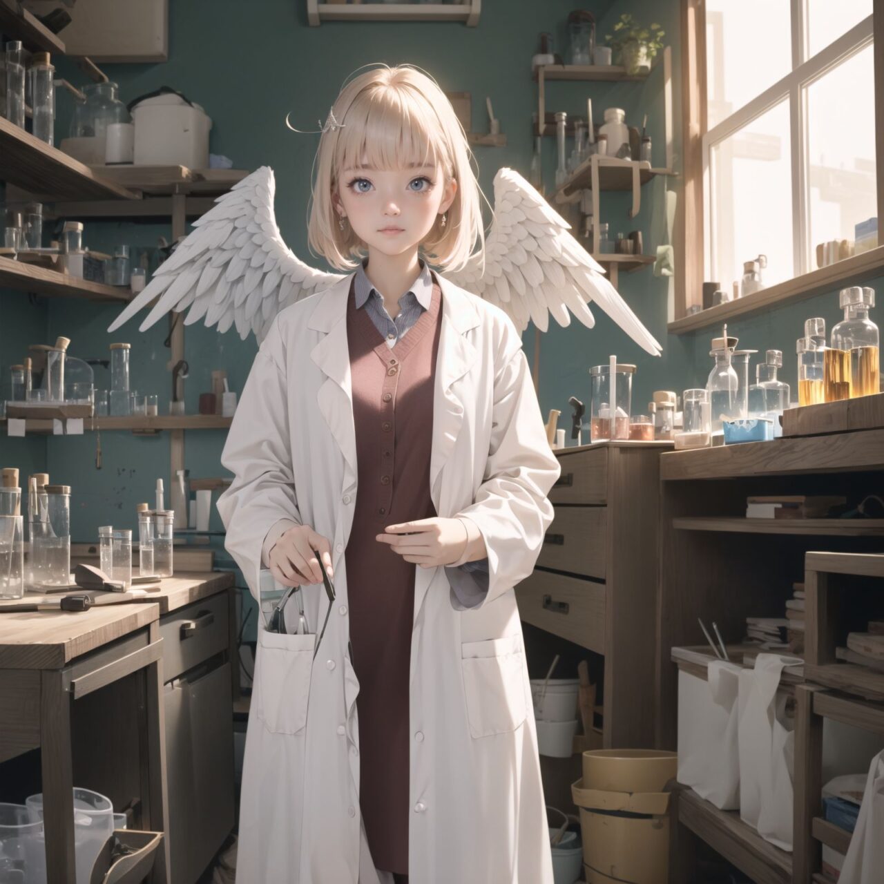 (lab coat angel:1.5), padded with angel rings, symmetrical white wings, pink bangs and straight hair,
A girl is depicted in detail sitting in a cluttered room.
She has a lethargic look on her face.
In the background are various notes and tools, as well as a bright yellow wall with a blue sky seen through the window, giving the anime poster an ennui and chaotic atmosphere.