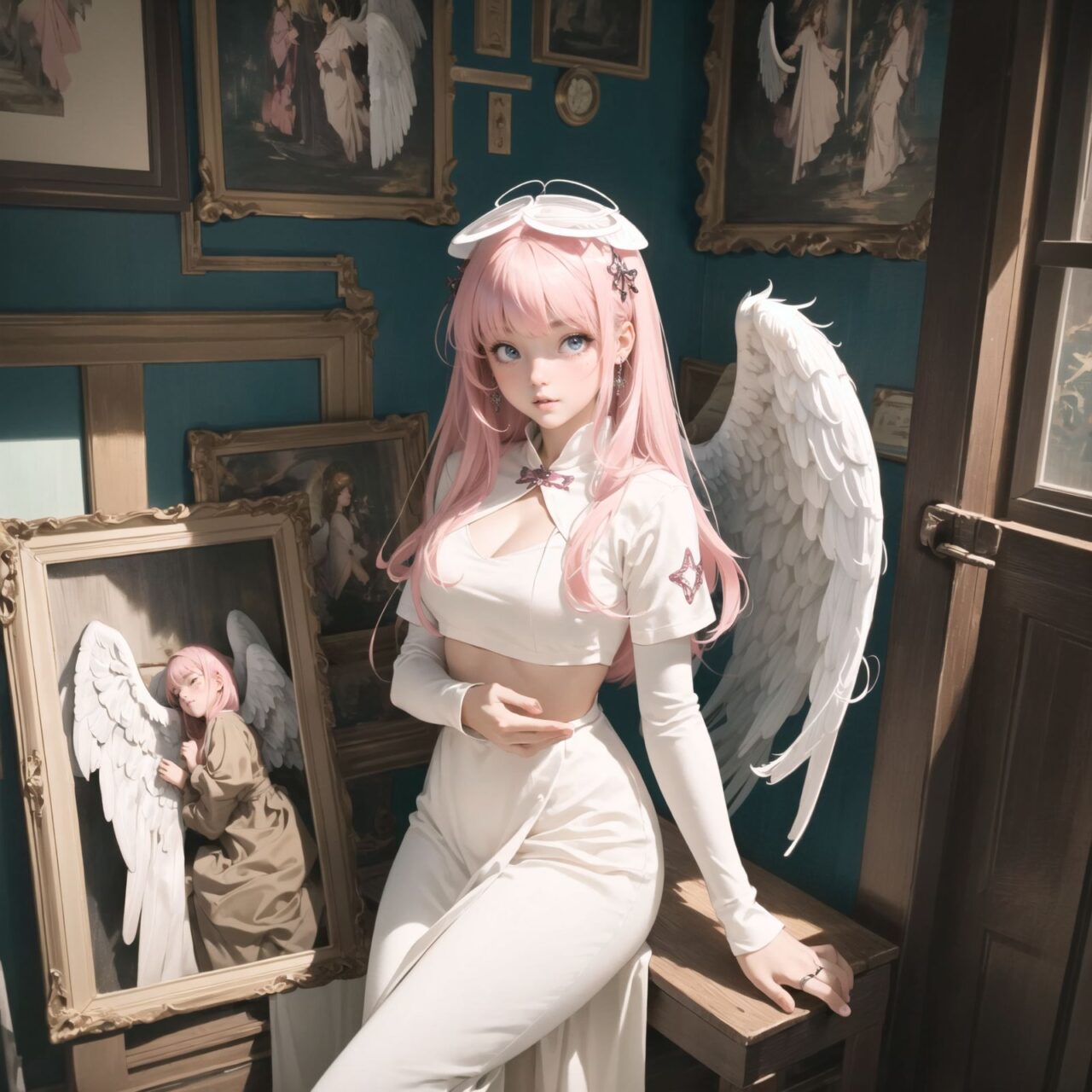 (white angel: 1.5), padded with angel rings, symmetrical white wings, pink bangs and straight hair,
A girl is depicted in detail sitting in a cluttered room.
She has a lethargic look on her face.
In the background are various notes and tools, as well as a bright yellow wall with a blue sky seen through the window, giving the anime poster an ennui and chaotic atmosphere.