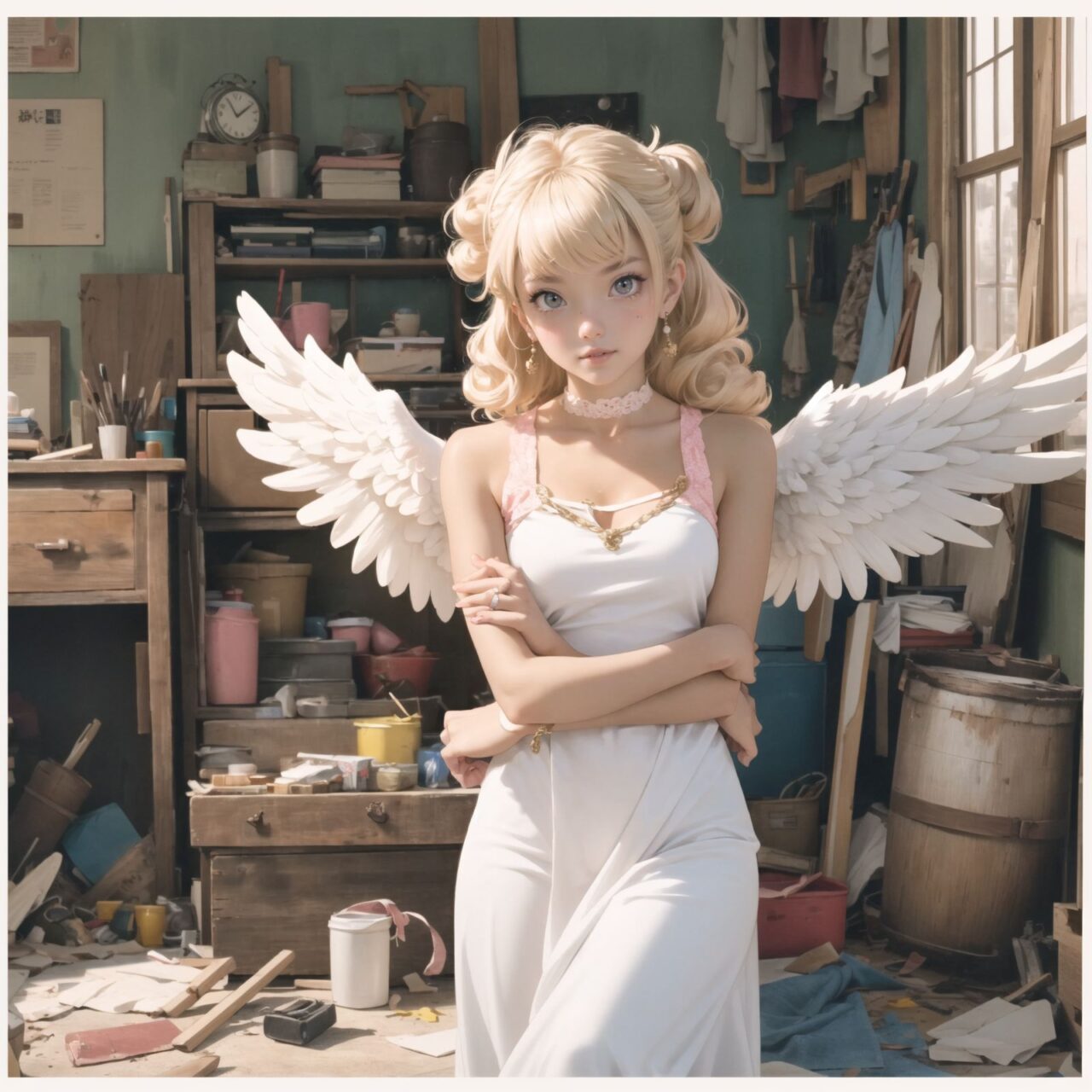 (white angel gyaru:1.5), padded with angel rings, symmetrical white wings, pink bangs and straight hair,
A girl is depicted in detail sitting in a cluttered room.
She has a lethargic look on her face.
In the background are various notes and tools, as well as a bright yellow wall with a blue sky seen through the window, giving the anime poster an ennui and chaotic atmosphere.