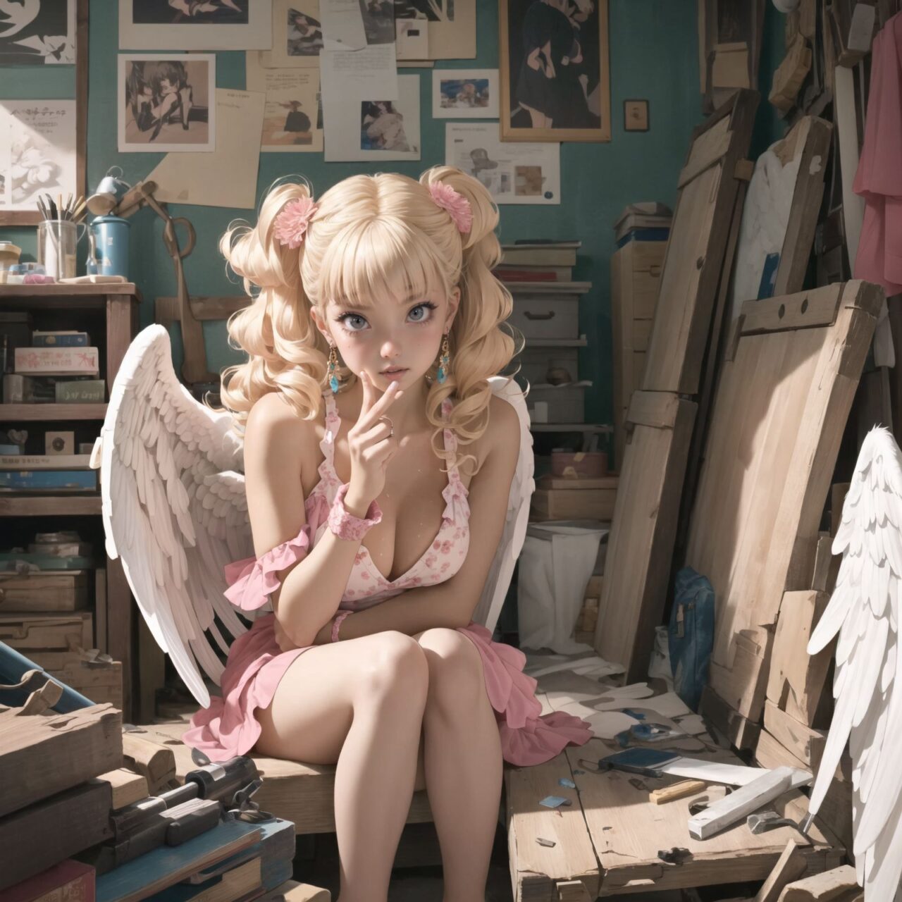 (white angel gyaru:1.5), padded with angel rings, symmetrical white wings, pink bangs and straight hair,
A girl is depicted in detail sitting in a cluttered room.
She has a lethargic look on her face.
In the background are various notes and tools, as well as a bright yellow wall with a blue sky seen through the window, giving the anime poster an ennui and chaotic atmosphere.