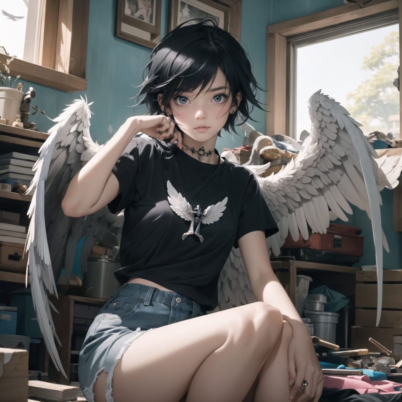 (Emo black angel: 1.5), angel ring and white feathers,
A girl is depicted in detail sitting in a cluttered room.
She is wearing a black T-shirt and shorts and has a lethargic expression on her face.
In the background are various notes and tools, as well as a bright yellow wall with a blue sky seen through the window, creating an ennui and chaotic atmosphere,