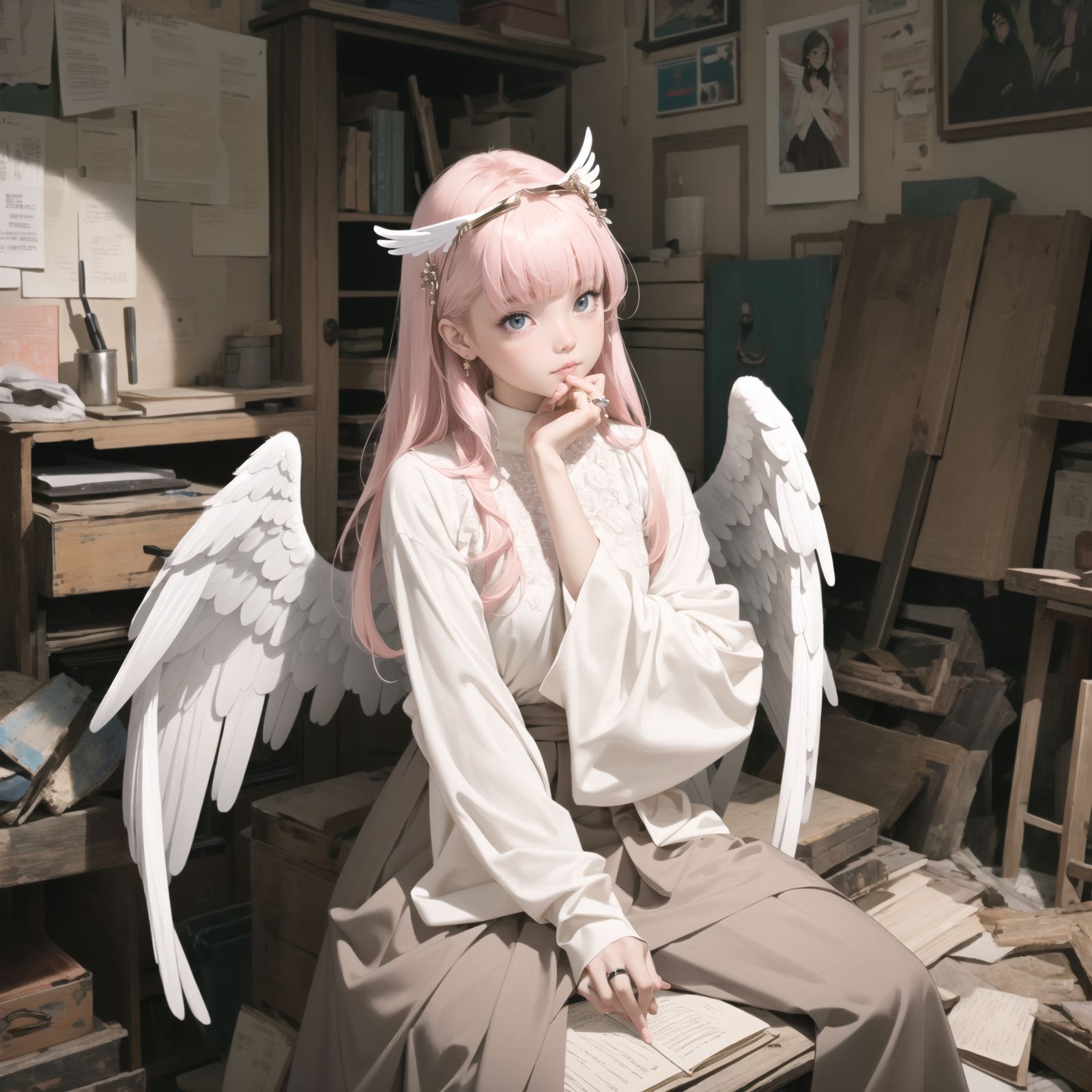 (Angel in white: 1.5), angel ring and white wings, pink bangs padded straight hair,
A girl is depicted in detail sitting in a cluttered room.
She has a lethargic look on her face.
In the background are various notes and tools, as well as a bright yellow wall with a blue sky seen through the window, giving the anime poster an ennui and chaotic atmosphere.