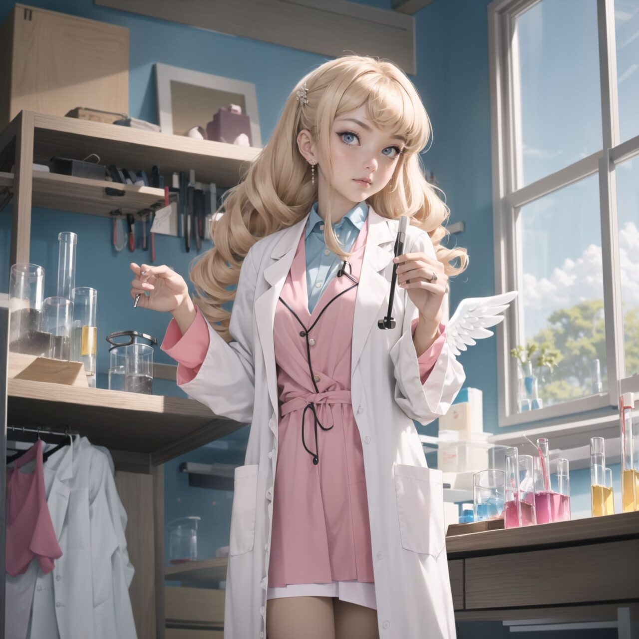 (lab coat angel gyaru:1.5), padded with angel rings, symmetrical white wings, pink bangs and straight hair,
A girl is depicted in detail sitting in a cluttered room.
She has a lethargic look on her face.
In the background are various notes and tools, as well as a bright yellow wall with a blue sky seen through the window, giving the anime poster an ennui and chaotic atmosphere.