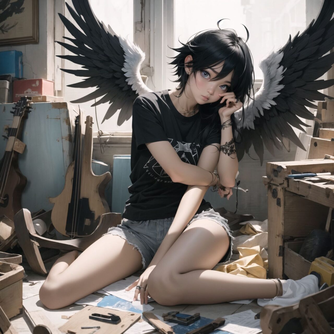 (Emo black angel: 1.5), angel rings and wings,
A girl is depicted in detail sitting in a cluttered room.
She is wearing a black T-shirt and shorts and has a lethargic expression on her face.
In the background are various notes and tools, as well as a bright yellow wall with a blue sky seen through the window, creating an ennui and chaotic atmosphere,
