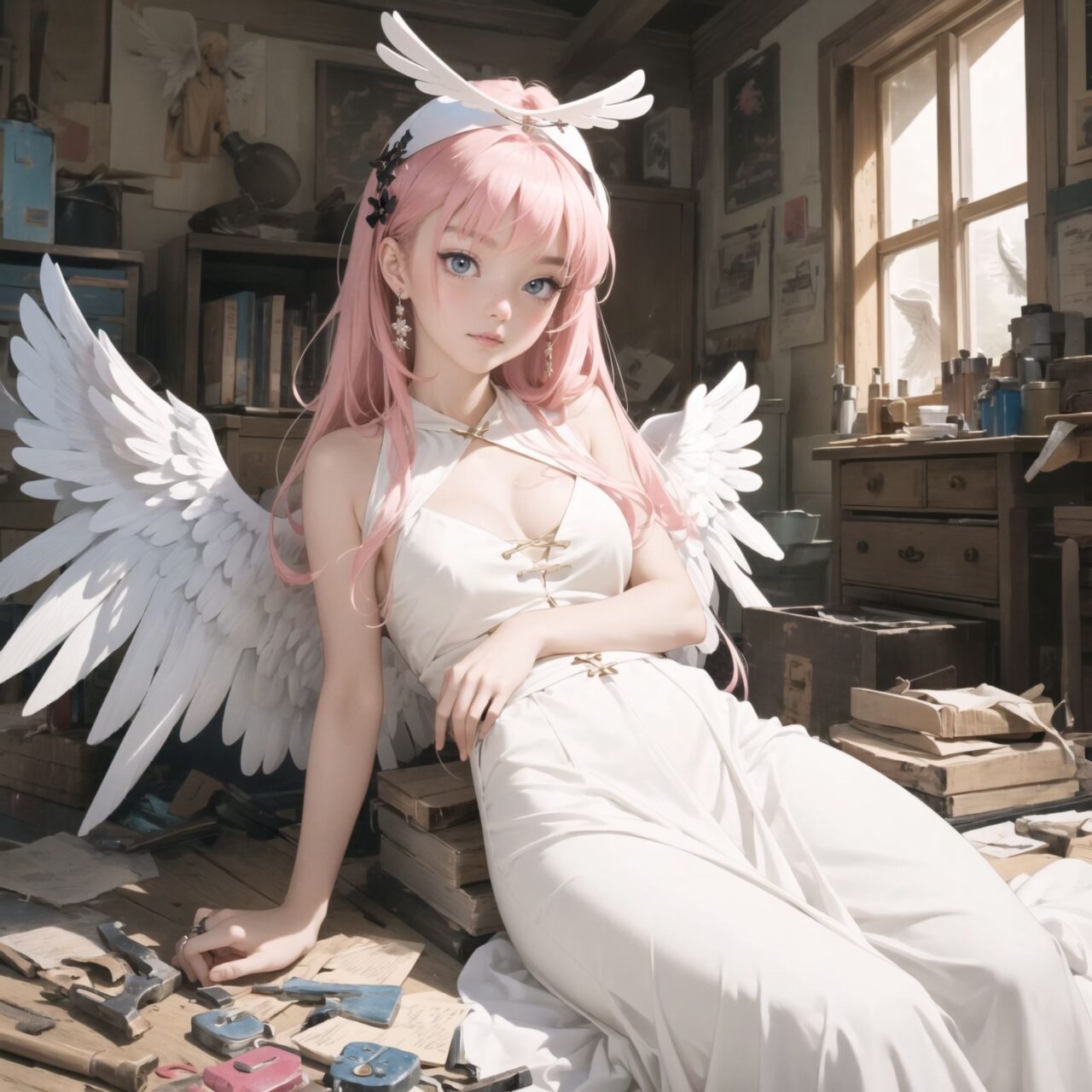 (white angel: 1.5), padded with angel rings, symmetrical white wings, pink bangs and straight hair,
A girl is depicted in detail sitting in a cluttered room.
She has a lethargic look on her face.
In the background are various notes and tools, as well as a bright yellow wall with a blue sky seen through the window, giving the anime poster an ennui and chaotic atmosphere.