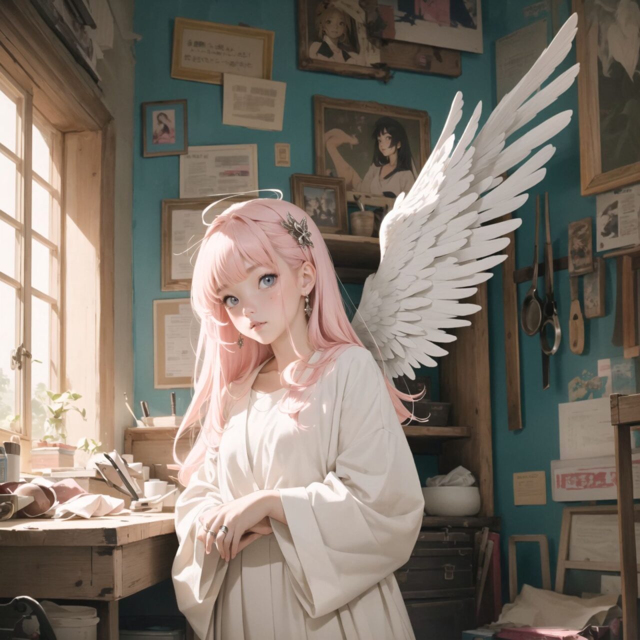 (Angel in white: 1.5), angel ring and white wings, pink bangs padded straight hair,
A girl is depicted in detail sitting in a cluttered room.
She has a lethargic look on her face.
In the background are various notes and tools, as well as a bright yellow wall with a blue sky seen through the window, giving the anime poster an ennui and chaotic atmosphere.