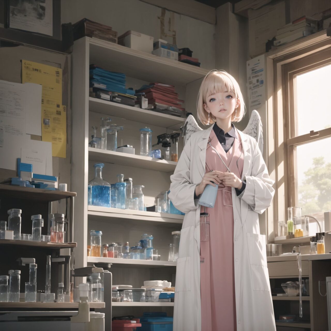 (lab coat angel:1.5), padded with angel rings, symmetrical white wings, pink bangs and straight hair,
A girl is depicted in detail sitting in a cluttered room.
She has a lethargic look on her face.
In the background are various notes and tools, as well as a bright yellow wall with a blue sky seen through the window, giving the anime poster an ennui and chaotic atmosphere.