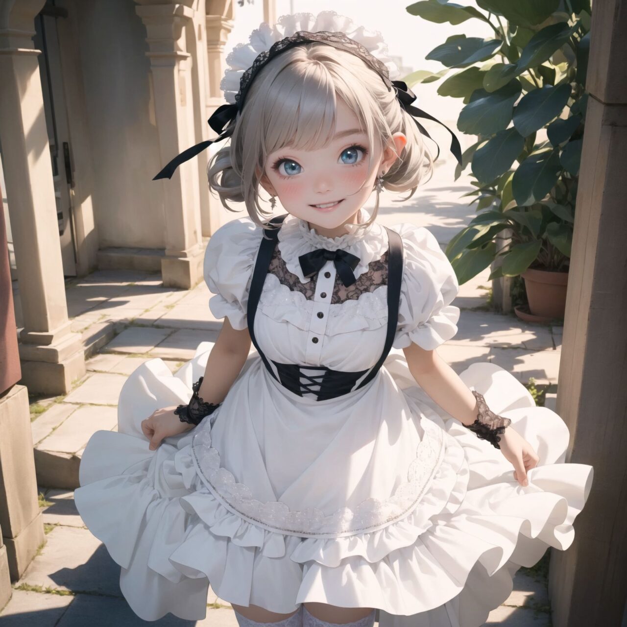 Adorable and charming 10-year-old elf lolita girl,
innocent and youthful expression, gentle smile with soft blushing cheeks, shy yet endearing demeanor,

cute and embarrassed idol smile,

deep dark blue-green eyes sparkling with purity,
silvery hair, stylishly cut short, delicately flowing strands,

facing the camera, making eye contact, exuding childlike wonder,

cute and natural posture, youthful and graceful,

flirtatious and innocent eyes, perfect blend of innocence and enchantment,
quintessential kawaii girl,
elegant Lolita fashion with black and white lace, intricate patterns, ribbons, and frills, over-the-knee socks, frilly headband, petticoat for extra volume, lace gloves, apron with frills, and frilled short boots, fresh and pure poses, radiating natural charm,

low angle shot emphasizing her kawaii appeal and highlighting the delicate textures of her hair and clothes,
natural lighting casting soft shadows, enhancing the youthful contours of her face,

sharp focus,

high resolution, vivid and detailed,
professional quality, vibrant colors,

ultra-high resolution capturing every detail from the individual strands of her hair to the intricate lace and fabrics of her costume,
professional-grade clarity and contrast bringing vibrant colors to life,