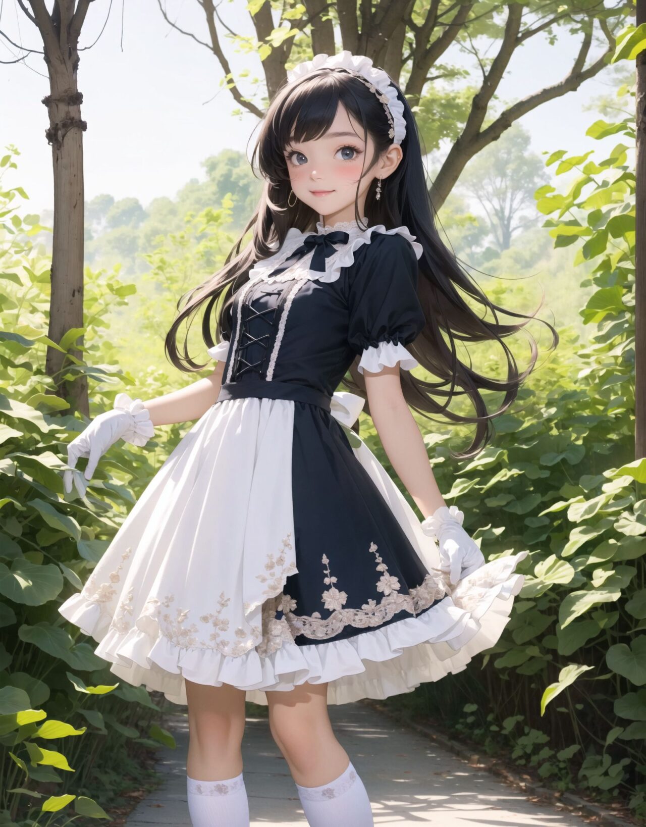 Adorable and charming 10-year-old elf lolita girl,
innocent and youthful expression, gentle smile with soft blushing cheeks, shy yet endearing demeanor,

cute and embarrassed idol smile,

deep dark blue-green eyes sparkling with purity,
silvery hair, stylishly cut short, delicately flowing strands,

facing the camera, making eye contact, exuding childlike wonder,

cute and natural posture, youthful and graceful,

flirtatious and innocent eyes, perfect blend of innocence and enchantment,
quintessential kawaii girl,
elegant Lolita fashion with black and white lace, intricate patterns, ribbons, and frills, over-the-knee socks, frilly headband, petticoat for extra volume, lace gloves, apron with frills, and frilled short boots, fresh and pure poses, radiating natural charm,

low angle shot emphasizing her kawaii appeal and highlighting the delicate textures of her hair and clothes,
natural lighting casting soft shadows, enhancing the youthful contours of her face,

sharp focus,

high resolution, vivid and detailed,
professional quality, vibrant colors,

ultra-high resolution capturing every detail from the individual strands of her hair to the intricate lace and fabrics of her costume,
professional-grade clarity and contrast bringing vibrant colors to life,