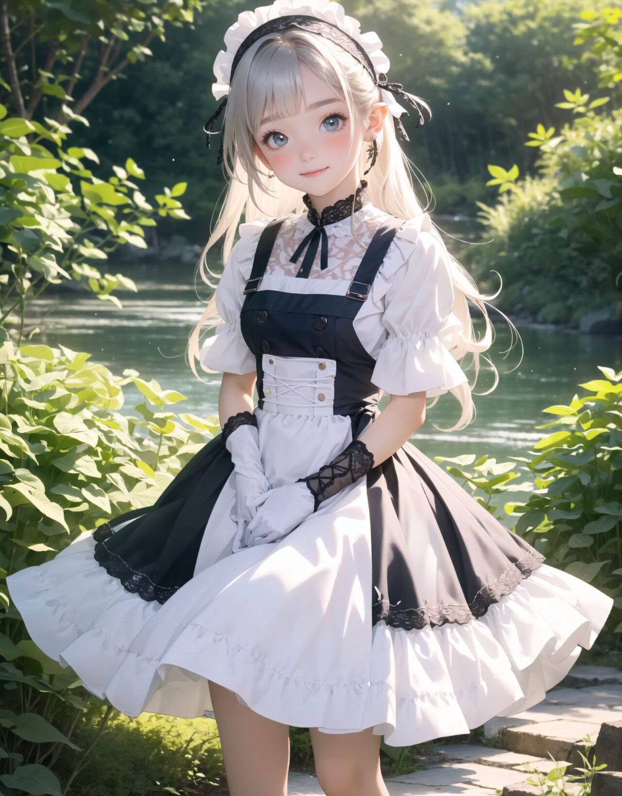 Adorable and charming 10-year-old elf lolita girl,
innocent and youthful expression, gentle smile with soft blushing cheeks, shy yet endearing demeanor,

cute and embarrassed idol smile,

deep dark blue-green eyes sparkling with purity,
silvery hair, stylishly cut short, delicately flowing strands,

facing the camera, making eye contact, exuding childlike wonder,

cute and natural posture, youthful and graceful,

flirtatious and innocent eyes, perfect blend of innocence and enchantment,
quintessential kawaii girl,
elegant Lolita fashion with black and white lace, intricate patterns, ribbons, and frills, over-the-knee socks, frilly headband, petticoat for extra volume, lace gloves, apron with frills, and frilled short boots, fresh and pure poses, radiating natural charm,

low angle shot emphasizing her kawaii appeal and highlighting the delicate textures of her hair and clothes,
natural lighting casting soft shadows, enhancing the youthful contours of her face,

sharp focus,

high resolution, vivid and detailed,
professional quality, vibrant colors,

ultra-high resolution capturing every detail from the individual strands of her hair to the intricate lace and fabrics of her costume,
professional-grade clarity and contrast bringing vibrant colors to life,