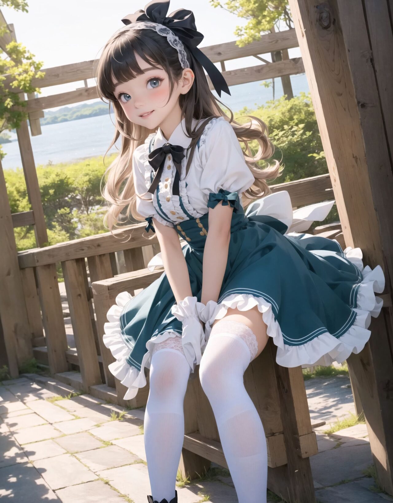 Adorable and charming 10-year-old elf lolita girl,
innocent and youthful expression, gentle smile with soft blushing cheeks, shy yet endearing demeanor,

cute and embarrassed idol smile,

deep dark blue-green eyes sparkling with purity,
silvery hair, stylishly cut short, delicately flowing strands,

facing the camera, making eye contact, exuding childlike wonder,

cute and natural posture, youthful and graceful,

flirtatious and innocent eyes, perfect blend of innocence and enchantment,
quintessential kawaii girl,
elegant Lolita fashion with black and white lace, intricate patterns, ribbons, and frills, over-the-knee socks, frilly headband, petticoat for extra volume, lace gloves, apron with frills, and frilled short boots, fresh and pure poses, radiating natural charm,

low angle shot emphasizing her kawaii appeal and highlighting the delicate textures of her hair and clothes,
natural lighting casting soft shadows, enhancing the youthful contours of her face,

sharp focus,

high resolution, vivid and detailed,
professional quality, vibrant colors,

ultra-high resolution capturing every detail from the individual strands of her hair to the intricate lace and fabrics of her costume,
professional-grade clarity and contrast bringing vibrant colors to life,