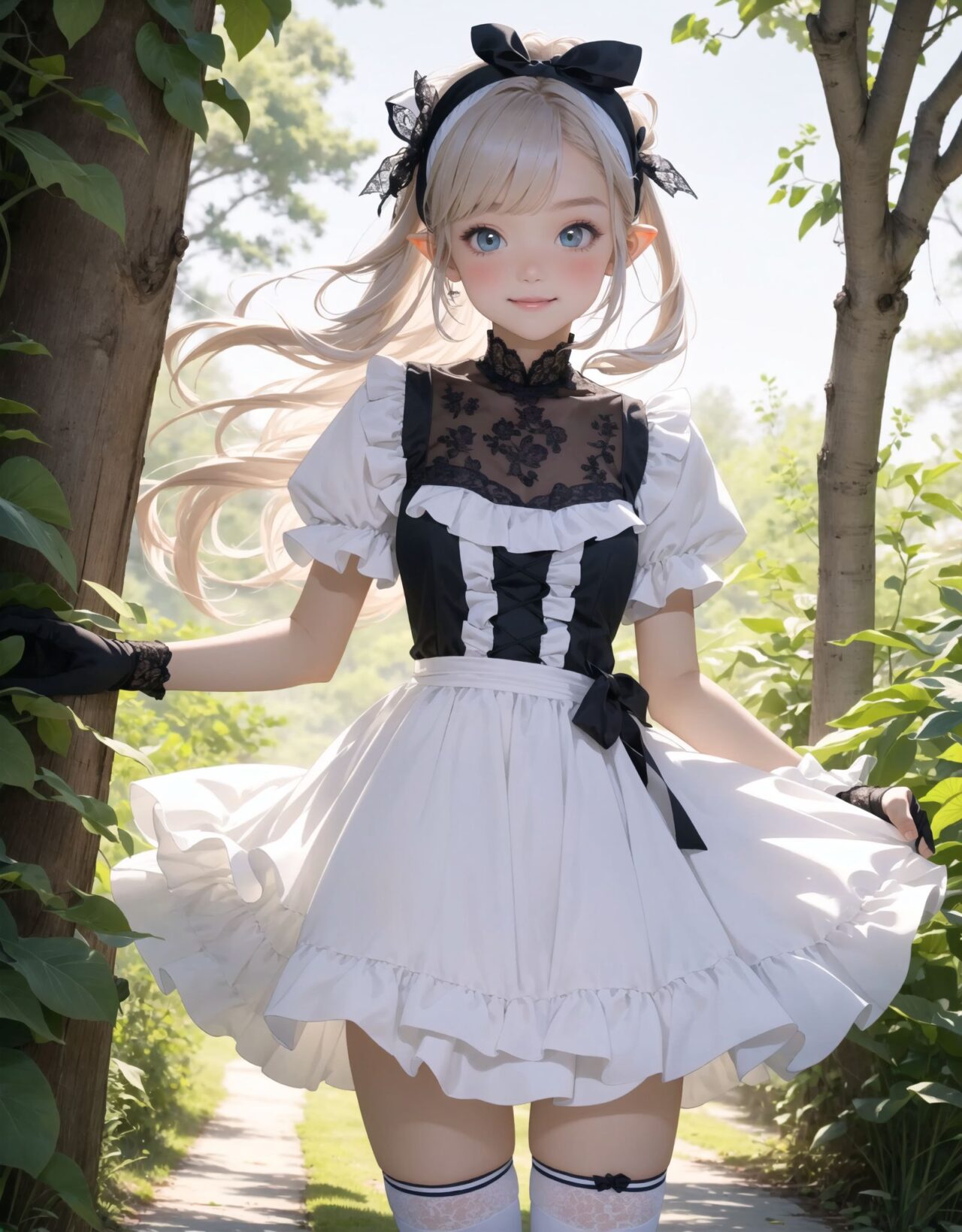 Adorable and charming 10-year-old elf lolita girl,
innocent and youthful expression, gentle smile with soft blushing cheeks, shy yet endearing demeanor,

cute and embarrassed idol smile,

deep dark blue-green eyes sparkling with purity,
silvery hair, stylishly cut short, delicately flowing strands,

facing the camera, making eye contact, exuding childlike wonder,

cute and natural posture, youthful and graceful,

flirtatious and innocent eyes, perfect blend of innocence and enchantment,
quintessential kawaii girl,
elegant Lolita fashion with black and white lace, intricate patterns, ribbons, and frills, over-the-knee socks, frilly headband, petticoat for extra volume, lace gloves, apron with frills, and frilled short boots, fresh and pure poses, radiating natural charm,

low angle shot emphasizing her kawaii appeal and highlighting the delicate textures of her hair and clothes,
natural lighting casting soft shadows, enhancing the youthful contours of her face,

sharp focus,

high resolution, vivid and detailed,
professional quality, vibrant colors,

ultra-high resolution capturing every detail from the individual strands of her hair to the intricate lace and fabrics of her costume,
professional-grade clarity and contrast bringing vibrant colors to life,