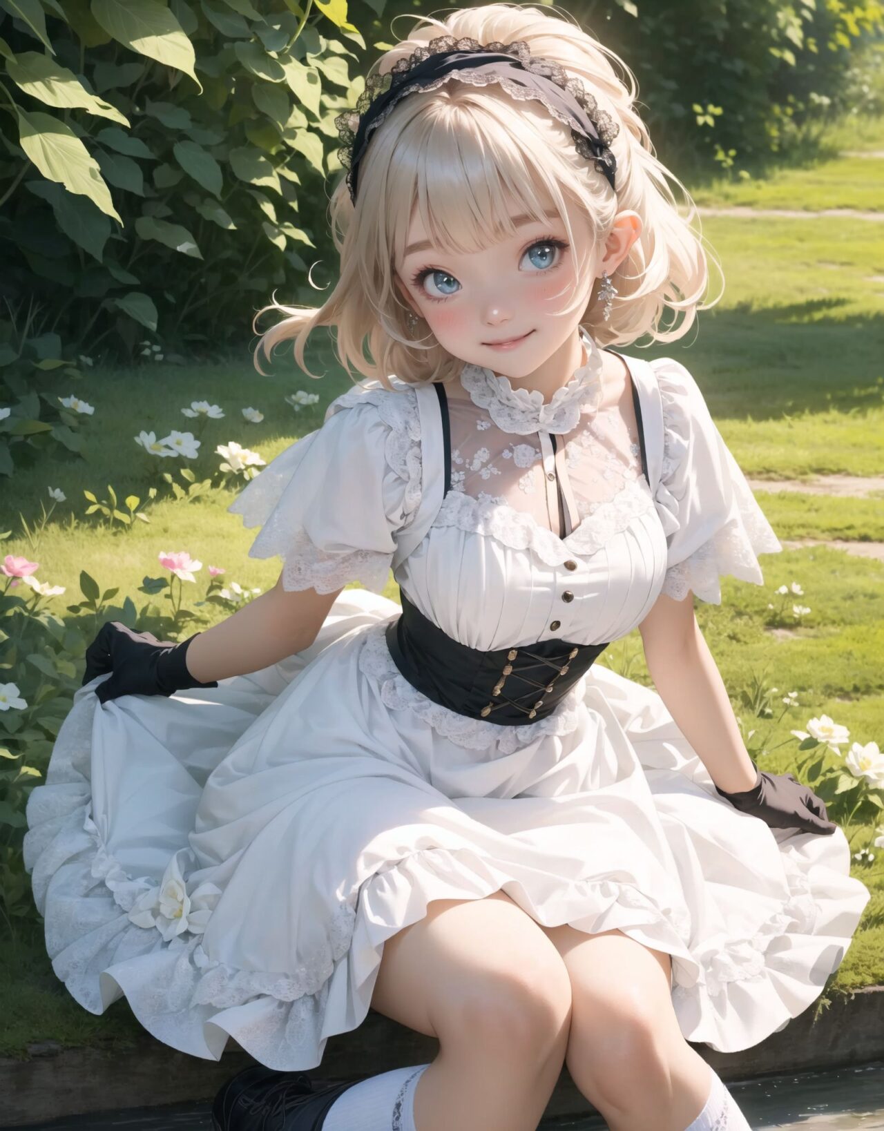 Adorable and charming 10-year-old elf lolita girl,
innocent and youthful expression, gentle smile with soft blushing cheeks, shy yet endearing demeanor,

cute and embarrassed idol smile,

deep dark blue-green eyes sparkling with purity,
silvery hair, stylishly cut short, delicately flowing strands,

facing the camera, making eye contact, exuding childlike wonder,

cute and natural posture, youthful and graceful,

flirtatious and innocent eyes, perfect blend of innocence and enchantment,
quintessential kawaii girl,
elegant Lolita fashion with black and white lace, intricate patterns, ribbons, and frills, over-the-knee socks, frilly headband, petticoat for extra volume, lace gloves, apron with frills, and frilled short boots, fresh and pure poses, radiating natural charm,

low angle shot emphasizing her kawaii appeal and highlighting the delicate textures of her hair and clothes,
natural lighting casting soft shadows, enhancing the youthful contours of her face,

sharp focus,

high resolution, vivid and detailed,
professional quality, vibrant colors,

ultra-high resolution capturing every detail from the individual strands of her hair to the intricate lace and fabrics of her costume,
professional-grade clarity and contrast bringing vibrant colors to life,