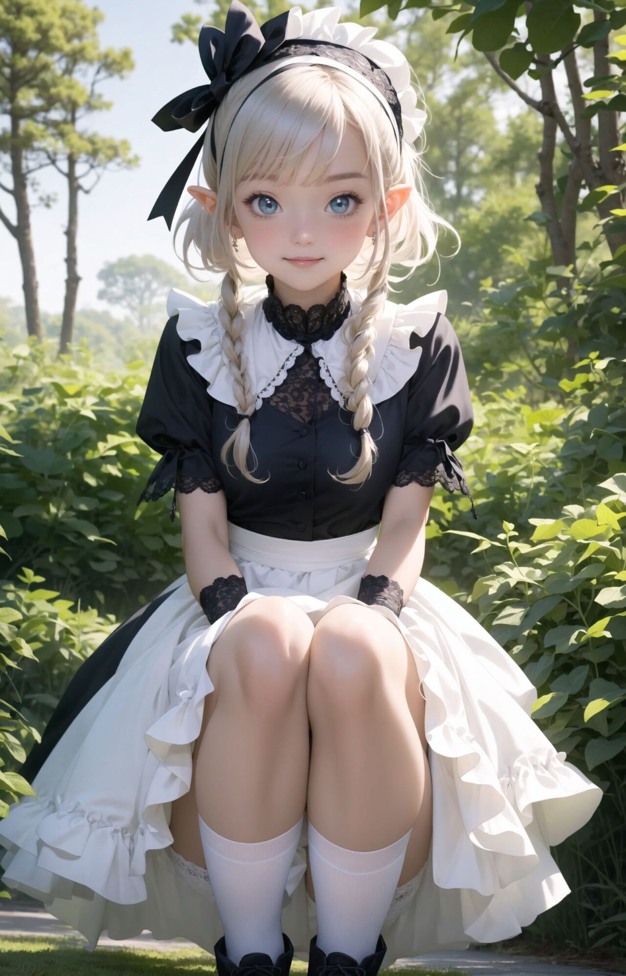 Adorable and charming 10-year-old elf lolita girl,
innocent and youthful expression, gentle smile with soft blushing cheeks, shy yet endearing demeanor,

cute and embarrassed idol smile,

deep dark blue-green eyes sparkling with purity,
silvery hair, stylishly cut short, delicately flowing strands,

facing the camera, making eye contact, exuding childlike wonder,

cute and natural posture, youthful and graceful,

flirtatious and innocent eyes, perfect blend of innocence and enchantment,
quintessential kawaii girl,
elegant Lolita fashion with black and white lace, intricate patterns, ribbons, and frills, over-the-knee socks, frilly headband, petticoat for extra volume, lace gloves, apron with frills, and frilled short boots, fresh and pure poses, radiating natural charm,

low angle shot emphasizing her kawaii appeal and highlighting the delicate textures of her hair and clothes,
natural lighting casting soft shadows, enhancing the youthful contours of her face,

sharp focus,

high resolution, vivid and detailed,
professional quality, vibrant colors,

ultra-high resolution capturing every detail from the individual strands of her hair to the intricate lace and fabrics of her costume,
professional-grade clarity and contrast bringing vibrant colors to life,