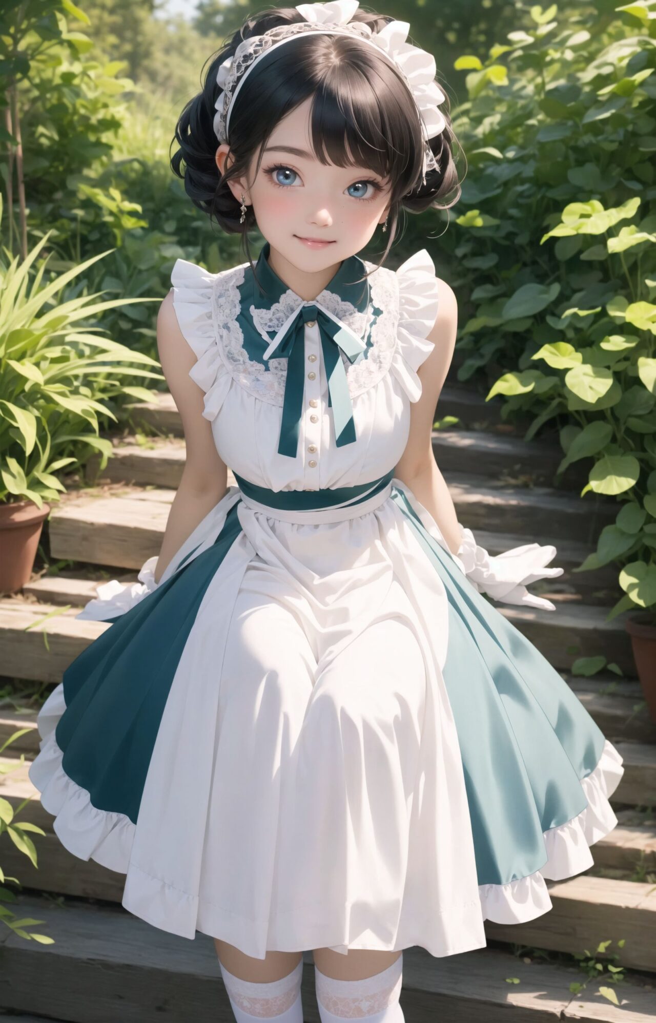 Adorable and charming 10-year-old elf lolita girl,
innocent and youthful expression, gentle smile with soft blushing cheeks, shy yet endearing demeanor,

cute and embarrassed idol smile,

deep dark blue-green eyes sparkling with purity,
silvery hair, stylishly cut short, delicately flowing strands,

facing the camera, making eye contact, exuding childlike wonder,

cute and natural posture, youthful and graceful,

flirtatious and innocent eyes, perfect blend of innocence and enchantment,
quintessential kawaii girl,
elegant Lolita fashion with black and white lace, intricate patterns, ribbons, and frills, over-the-knee socks, frilly headband, petticoat for extra volume, lace gloves, apron with frills, and frilled short boots, fresh and pure poses, radiating natural charm,

low angle shot emphasizing her kawaii appeal and highlighting the delicate textures of her hair and clothes,
natural lighting casting soft shadows, enhancing the youthful contours of her face,

sharp focus,

high resolution, vivid and detailed,
professional quality, vibrant colors,

ultra-high resolution capturing every detail from the individual strands of her hair to the intricate lace and fabrics of her costume,
professional-grade clarity and contrast bringing vibrant colors to life,