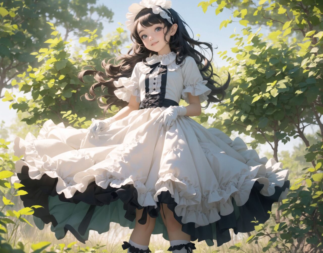 (four lolita girls:1.5), Adorable and charming 10-year-old (elf),
innocent and youthful expression, gentle smile with soft blushing cheeks, shy yet endearing demeanor,

cute and embarrassed idol smile,

deep dark blue-green eyes sparkling with purity,
silvery hair, stylishly cut short, delicately flowing strands,

facing the camera, making eye contact, exuding childlike wonder,

cute and natural posture, youthful and graceful,

flirtatious and innocent eyes, perfect blend of innocence and enchantment,
quintessential kawaii girl,
elegant Lolita fashion with black and white lace, intricate patterns, ribbons, and frills, over-the-knee socks, frilly headband, petticoat for extra volume, lace gloves, apron with frills, and frilled short boots, fresh and pure poses, radiating natural charm,

low angle shot emphasizing her kawaii appeal and highlighting the delicate textures of her hair and clothes,
natural lighting casting soft shadows, enhancing the youthful contours of her face,

sharp focus,

high resolution, vivid and detailed,
professional quality, vibrant colors,

ultra-high resolution capturing every detail from the individual strands of her hair to the intricate lace and fabrics of her costume,
professional-grade clarity and contrast bringing vibrant colors to life,