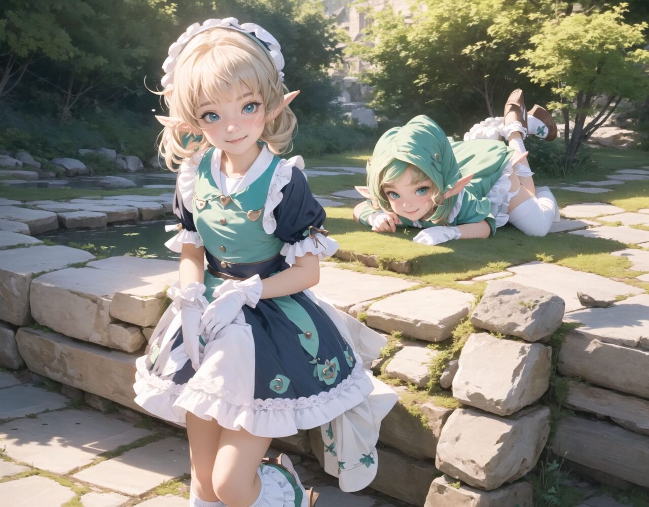 (four Adorable and charming lolita elf girls:1.8), 
innocent and youthful expression, gentle smile with soft blushing cheeks, shy yet endearing demeanor,

cute and embarrassed idol smile,

deep dark blue-green eyes sparkling with purity,
silvery hair, stylishly cut short, delicately flowing strands,

facing the camera, making eye contact, exuding childlike wonder,

cute and natural posture, youthful and graceful,

flirtatious and innocent eyes, perfect blend of innocence and enchantment,
quintessential kawaii girl,
elegant Lolita fashion with black and white lace, intricate patterns, ribbons, and frills, over-the-knee socks, frilly headband, petticoat for extra volume, lace gloves, apron with frills, and frilled short boots, fresh and pure poses, radiating natural charm,

low angle shot emphasizing her kawaii appeal and highlighting the delicate textures of her hair and clothes,
natural lighting casting soft shadows, enhancing the youthful contours of her face,

sharp focus,

high resolution, vivid and detailed,
professional quality, vibrant colors,

ultra-high resolution capturing every detail from the individual strands of her hair to the intricate lace and fabrics of her costume,
professional-grade clarity and contrast bringing vibrant colors to life,