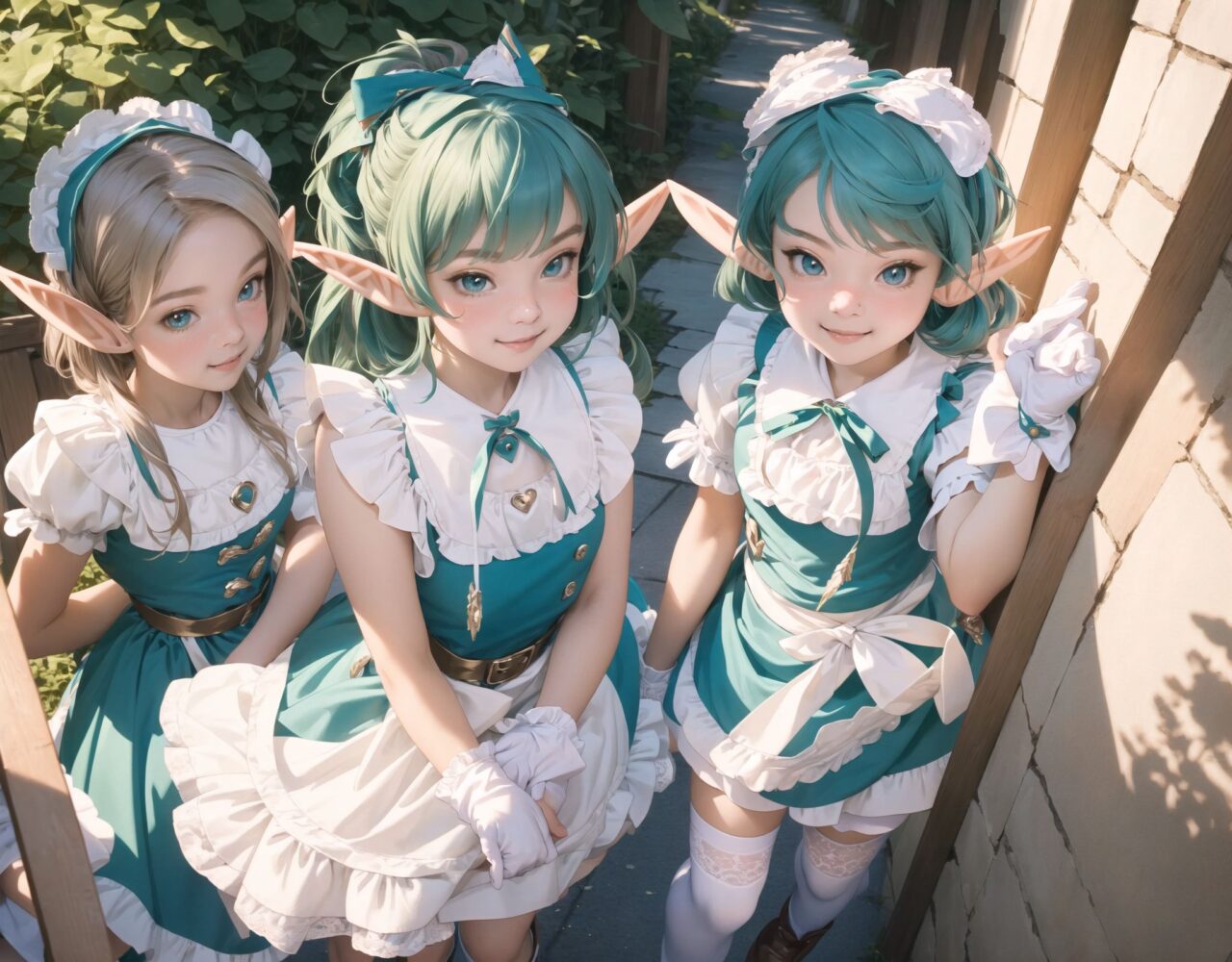 (four Adorable and charming lolita elf girls:1.8), 
innocent and youthful expression, gentle smile with soft blushing cheeks, shy yet endearing demeanor,

cute and embarrassed idol smile,

deep dark blue-green eyes sparkling with purity,
silvery hair, stylishly cut short, delicately flowing strands,

facing the camera, making eye contact, exuding childlike wonder,

cute and natural posture, youthful and graceful,

flirtatious and innocent eyes, perfect blend of innocence and enchantment,
quintessential kawaii girl,
elegant Lolita fashion with black and white lace, intricate patterns, ribbons, and frills, over-the-knee socks, frilly headband, petticoat for extra volume, lace gloves, apron with frills, and frilled short boots, fresh and pure poses, radiating natural charm,

low angle shot emphasizing her kawaii appeal and highlighting the delicate textures of her hair and clothes,
natural lighting casting soft shadows, enhancing the youthful contours of her face,

sharp focus,

high resolution, vivid and detailed,
professional quality, vibrant colors,

ultra-high resolution capturing every detail from the individual strands of her hair to the intricate lace and fabrics of her costume,
professional-grade clarity and contrast bringing vibrant colors to life,