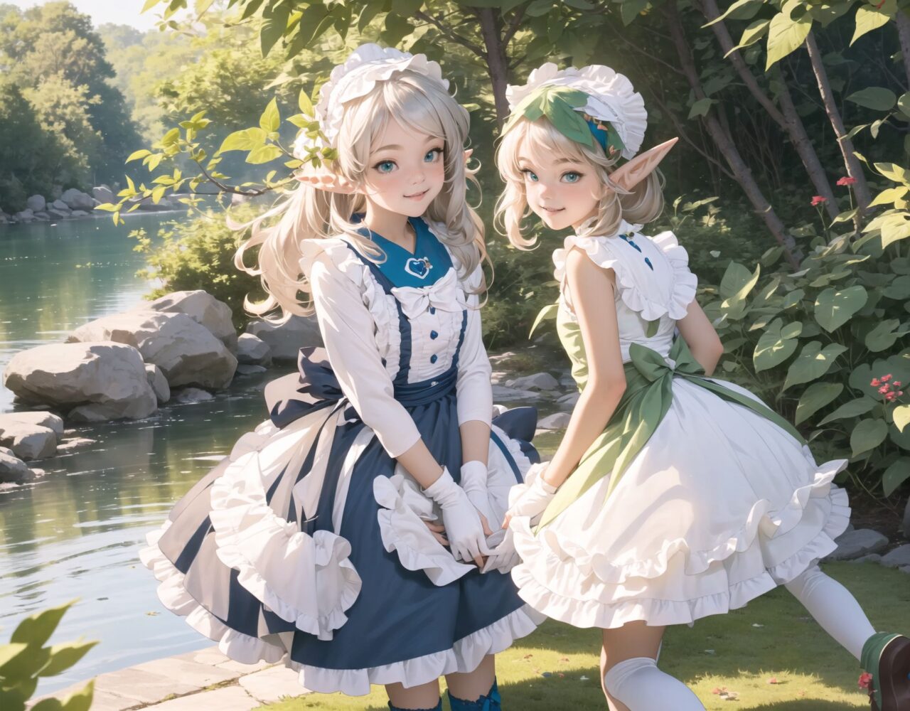 (four Adorable and charming lolita elf girls:1.8), 
innocent and youthful expression, gentle smile with soft blushing cheeks, shy yet endearing demeanor,

cute and embarrassed idol smile,

deep dark blue-green eyes sparkling with purity,
silvery hair, stylishly cut short, delicately flowing strands,

facing the camera, making eye contact, exuding childlike wonder,

cute and natural posture, youthful and graceful,

flirtatious and innocent eyes, perfect blend of innocence and enchantment,
quintessential kawaii girl,
elegant Lolita fashion with black and white lace, intricate patterns, ribbons, and frills, over-the-knee socks, frilly headband, petticoat for extra volume, lace gloves, apron with frills, and frilled short boots, fresh and pure poses, radiating natural charm,

low angle shot emphasizing her kawaii appeal and highlighting the delicate textures of her hair and clothes,
natural lighting casting soft shadows, enhancing the youthful contours of her face,

sharp focus,

high resolution, vivid and detailed,
professional quality, vibrant colors,

ultra-high resolution capturing every detail from the individual strands of her hair to the intricate lace and fabrics of her costume,
professional-grade clarity and contrast bringing vibrant colors to life,