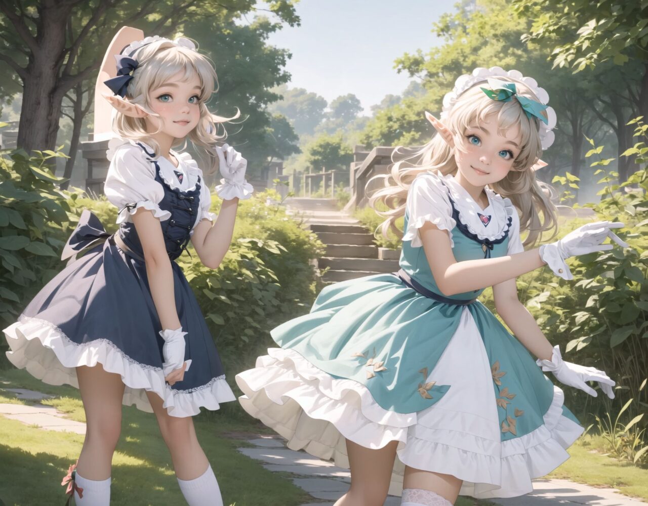 (four Adorable and charming lolita elf girls:1.8), 
innocent and youthful expression, gentle smile with soft blushing cheeks, shy yet endearing demeanor,

cute and embarrassed idol smile,

deep dark blue-green eyes sparkling with purity,
silvery hair, stylishly cut short, delicately flowing strands,

facing the camera, making eye contact, exuding childlike wonder,

cute and natural posture, youthful and graceful,

flirtatious and innocent eyes, perfect blend of innocence and enchantment,
quintessential kawaii girl,
elegant Lolita fashion with black and white lace, intricate patterns, ribbons, and frills, over-the-knee socks, frilly headband, petticoat for extra volume, lace gloves, apron with frills, and frilled short boots, fresh and pure poses, radiating natural charm,

low angle shot emphasizing her kawaii appeal and highlighting the delicate textures of her hair and clothes,
natural lighting casting soft shadows, enhancing the youthful contours of her face,

sharp focus,

high resolution, vivid and detailed,
professional quality, vibrant colors,

ultra-high resolution capturing every detail from the individual strands of her hair to the intricate lace and fabrics of her costume,
professional-grade clarity and contrast bringing vibrant colors to life,