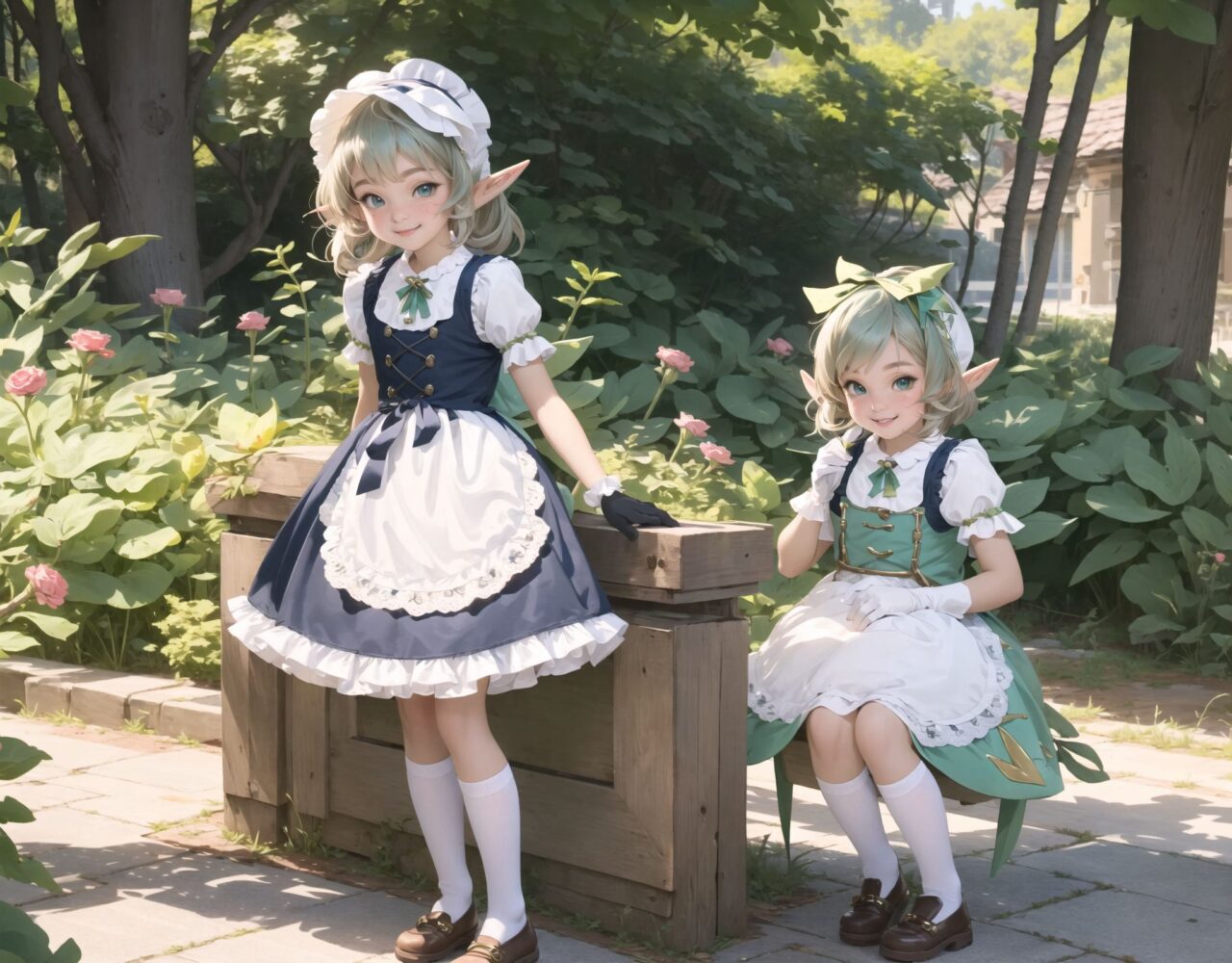 (four Adorable and charming lolita elf girls:1.8), 
innocent and youthful expression, gentle smile with soft blushing cheeks, shy yet endearing demeanor,

cute and embarrassed idol smile,

deep dark blue-green eyes sparkling with purity,
silvery hair, stylishly cut short, delicately flowing strands,

facing the camera, making eye contact, exuding childlike wonder,

cute and natural posture, youthful and graceful,

flirtatious and innocent eyes, perfect blend of innocence and enchantment,
quintessential kawaii girl,
elegant Lolita fashion with black and white lace, intricate patterns, ribbons, and frills, over-the-knee socks, frilly headband, petticoat for extra volume, lace gloves, apron with frills, and frilled short boots, fresh and pure poses, radiating natural charm,

low angle shot emphasizing her kawaii appeal and highlighting the delicate textures of her hair and clothes,
natural lighting casting soft shadows, enhancing the youthful contours of her face,

sharp focus,

high resolution, vivid and detailed,
professional quality, vibrant colors,

ultra-high resolution capturing every detail from the individual strands of her hair to the intricate lace and fabrics of her costume,
professional-grade clarity and contrast bringing vibrant colors to life,