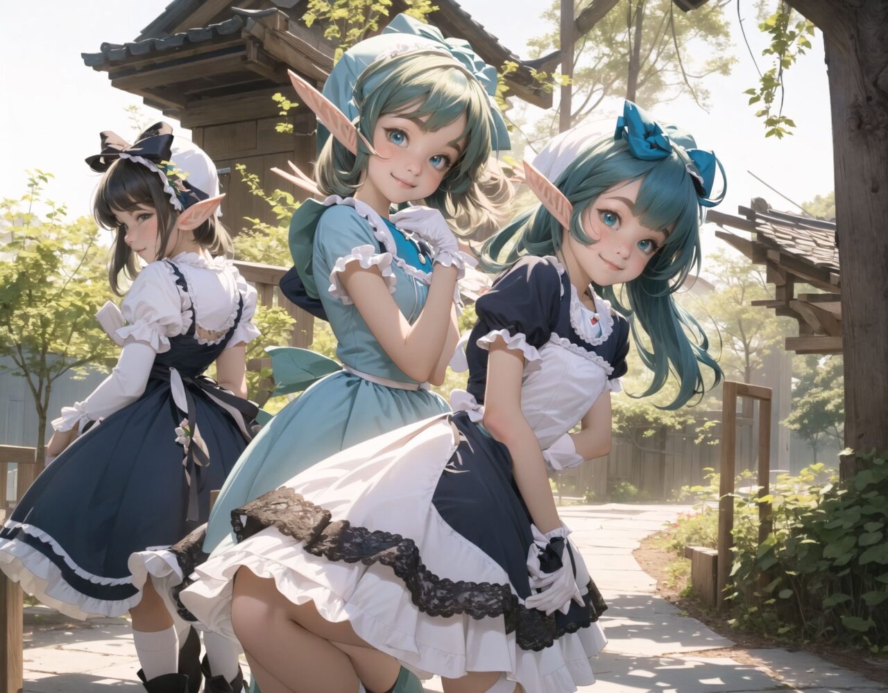 (four Adorable and charming lolita elf girls:1.8), 
innocent and youthful expression, gentle smile with soft blushing cheeks, shy yet endearing demeanor,

cute and embarrassed idol smile,

deep dark blue-green eyes sparkling with purity,
silvery hair, stylishly cut short, delicately flowing strands,

facing the camera, making eye contact, exuding childlike wonder,

cute and natural posture, youthful and graceful,

flirtatious and innocent eyes, perfect blend of innocence and enchantment,
quintessential kawaii girl,
elegant Lolita fashion with black and white lace, intricate patterns, ribbons, and frills, over-the-knee socks, frilly headband, petticoat for extra volume, lace gloves, apron with frills, and frilled short boots, fresh and pure poses, radiating natural charm,

low angle shot emphasizing her kawaii appeal and highlighting the delicate textures of her hair and clothes,
natural lighting casting soft shadows, enhancing the youthful contours of her face,

sharp focus,

high resolution, vivid and detailed,
professional quality, vibrant colors,

ultra-high resolution capturing every detail from the individual strands of her hair to the intricate lace and fabrics of her costume,
professional-grade clarity and contrast bringing vibrant colors to life,