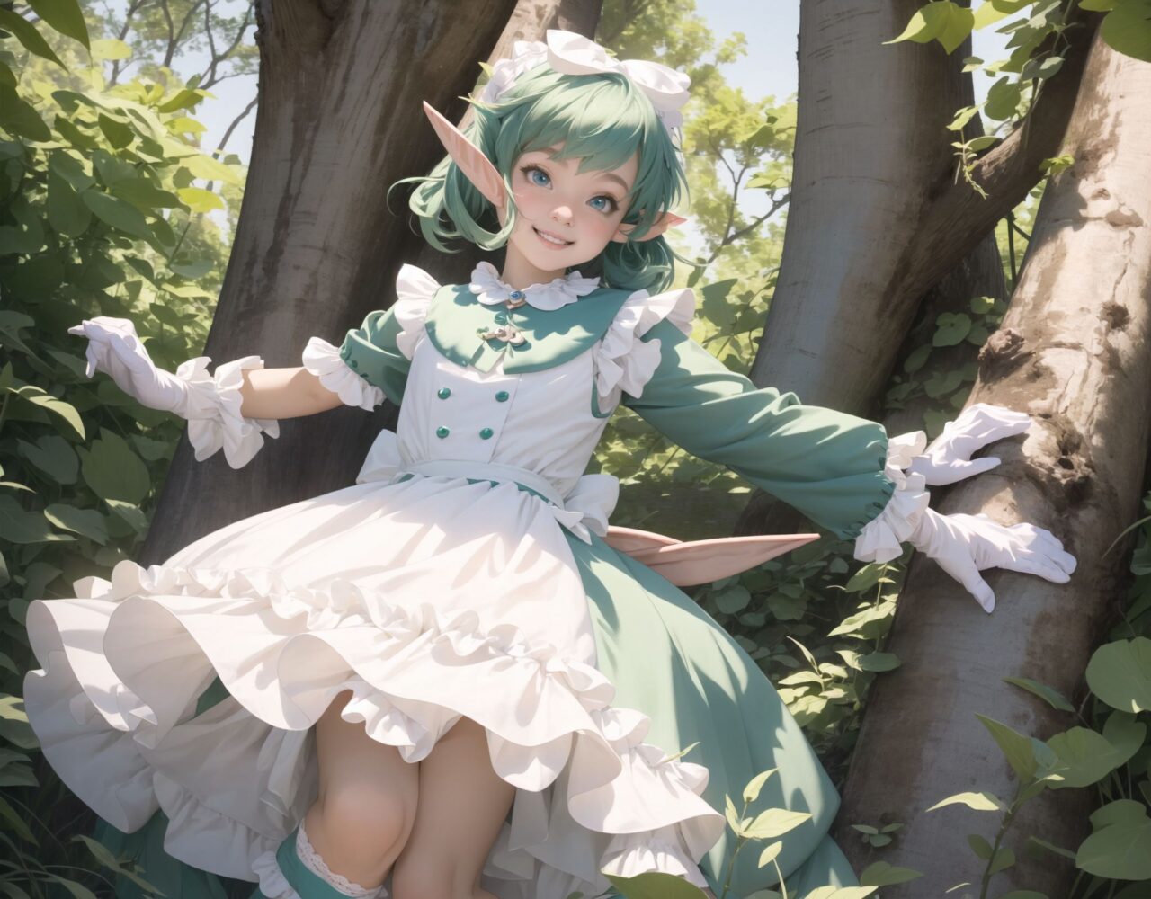 (four Adorable and charming lolita elf girls:1.8), 
innocent and youthful expression, gentle smile with soft blushing cheeks, shy yet endearing demeanor,

cute and embarrassed idol smile,

deep dark blue-green eyes sparkling with purity,
silvery hair, stylishly cut short, delicately flowing strands,

facing the camera, making eye contact, exuding childlike wonder,

cute and natural posture, youthful and graceful,

flirtatious and innocent eyes, perfect blend of innocence and enchantment,
quintessential kawaii girl,
elegant Lolita fashion with black and white lace, intricate patterns, ribbons, and frills, over-the-knee socks, frilly headband, petticoat for extra volume, lace gloves, apron with frills, and frilled short boots, fresh and pure poses, radiating natural charm,

low angle shot emphasizing her kawaii appeal and highlighting the delicate textures of her hair and clothes,
natural lighting casting soft shadows, enhancing the youthful contours of her face,

sharp focus,

high resolution, vivid and detailed,
professional quality, vibrant colors,

ultra-high resolution capturing every detail from the individual strands of her hair to the intricate lace and fabrics of her costume,
professional-grade clarity and contrast bringing vibrant colors to life,