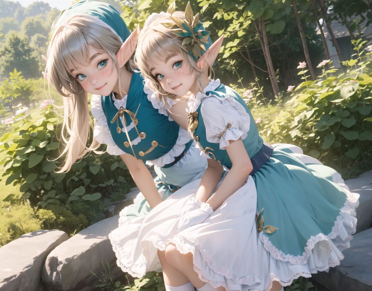 (four Adorable and charming lolita elf girls:1.8), 
innocent and youthful expression, gentle smile with soft blushing cheeks, shy yet endearing demeanor,

cute and embarrassed idol smile,

deep dark blue-green eyes sparkling with purity,
silvery hair, stylishly cut short, delicately flowing strands,

facing the camera, making eye contact, exuding childlike wonder,

cute and natural posture, youthful and graceful,

flirtatious and innocent eyes, perfect blend of innocence and enchantment,
quintessential kawaii girl,
elegant Lolita fashion with black and white lace, intricate patterns, ribbons, and frills, over-the-knee socks, frilly headband, petticoat for extra volume, lace gloves, apron with frills, and frilled short boots, fresh and pure poses, radiating natural charm,

low angle shot emphasizing her kawaii appeal and highlighting the delicate textures of her hair and clothes,
natural lighting casting soft shadows, enhancing the youthful contours of her face,

sharp focus,

high resolution, vivid and detailed,
professional quality, vibrant colors,

ultra-high resolution capturing every detail from the individual strands of her hair to the intricate lace and fabrics of her costume,
professional-grade clarity and contrast bringing vibrant colors to life,