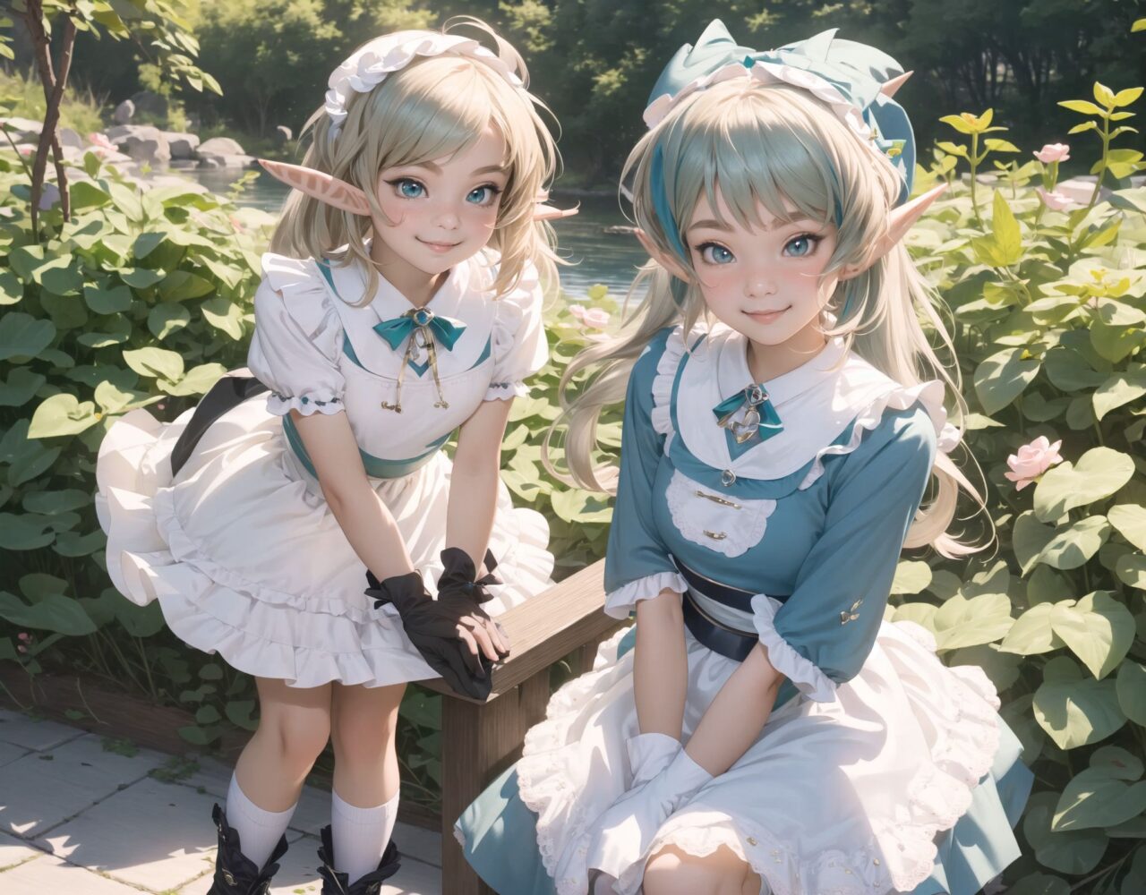 (four Adorable and charming lolita elf girls:1.8), 
innocent and youthful expression, gentle smile with soft blushing cheeks, shy yet endearing demeanor,

cute and embarrassed idol smile,

deep dark blue-green eyes sparkling with purity,
silvery hair, stylishly cut short, delicately flowing strands,

facing the camera, making eye contact, exuding childlike wonder,

cute and natural posture, youthful and graceful,

flirtatious and innocent eyes, perfect blend of innocence and enchantment,
quintessential kawaii girl,
elegant Lolita fashion with black and white lace, intricate patterns, ribbons, and frills, over-the-knee socks, frilly headband, petticoat for extra volume, lace gloves, apron with frills, and frilled short boots, fresh and pure poses, radiating natural charm,

low angle shot emphasizing her kawaii appeal and highlighting the delicate textures of her hair and clothes,
natural lighting casting soft shadows, enhancing the youthful contours of her face,

sharp focus,

high resolution, vivid and detailed,
professional quality, vibrant colors,

ultra-high resolution capturing every detail from the individual strands of her hair to the intricate lace and fabrics of her costume,
professional-grade clarity and contrast bringing vibrant colors to life,