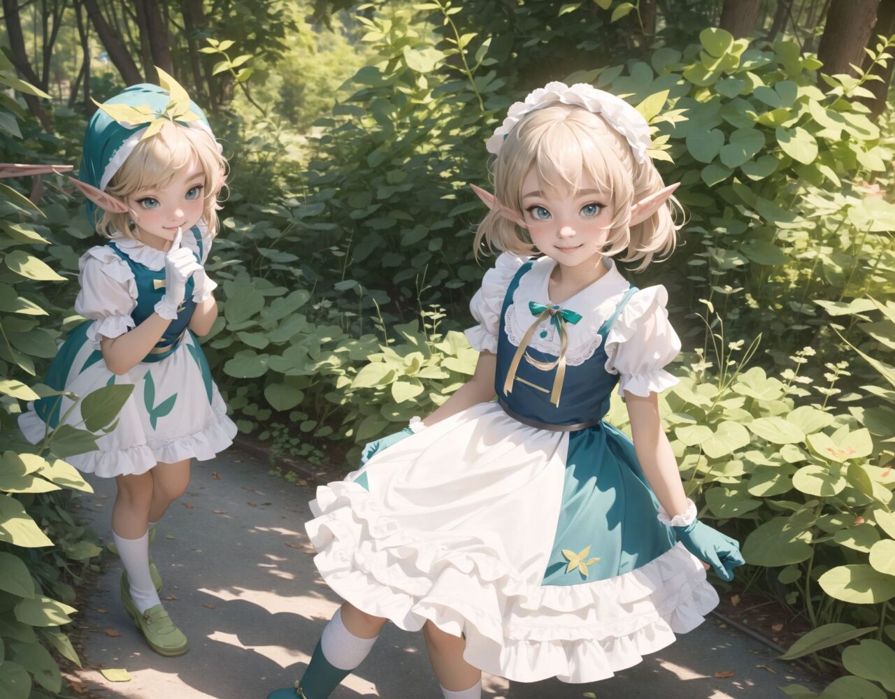 (four Adorable and charming lolita elf girls:1.8), 
innocent and youthful expression, gentle smile with soft blushing cheeks, shy yet endearing demeanor,

cute and embarrassed idol smile,

deep dark blue-green eyes sparkling with purity,
silvery hair, stylishly cut short, delicately flowing strands,

facing the camera, making eye contact, exuding childlike wonder,

cute and natural posture, youthful and graceful,

flirtatious and innocent eyes, perfect blend of innocence and enchantment,
quintessential kawaii girl,
elegant Lolita fashion with black and white lace, intricate patterns, ribbons, and frills, over-the-knee socks, frilly headband, petticoat for extra volume, lace gloves, apron with frills, and frilled short boots, fresh and pure poses, radiating natural charm,

low angle shot emphasizing her kawaii appeal and highlighting the delicate textures of her hair and clothes,
natural lighting casting soft shadows, enhancing the youthful contours of her face,

sharp focus,

high resolution, vivid and detailed,
professional quality, vibrant colors,

ultra-high resolution capturing every detail from the individual strands of her hair to the intricate lace and fabrics of her costume,
professional-grade clarity and contrast bringing vibrant colors to life,