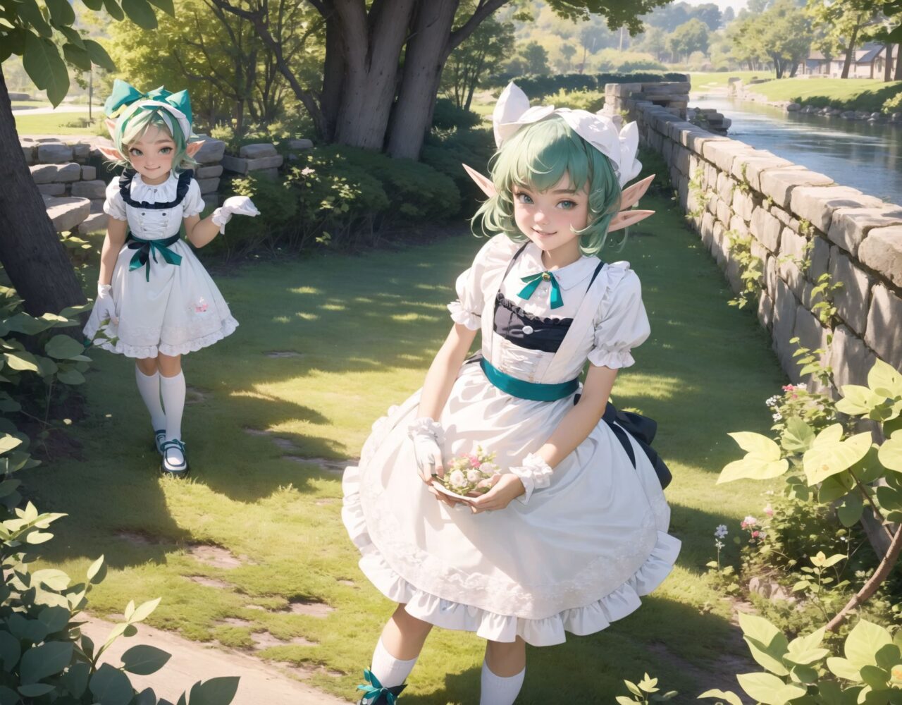 (four Adorable and charming lolita elf girls:1.8), 
innocent and youthful expression, gentle smile with soft blushing cheeks, shy yet endearing demeanor,

cute and embarrassed idol smile,

deep dark blue-green eyes sparkling with purity,
silvery hair, stylishly cut short, delicately flowing strands,

facing the camera, making eye contact, exuding childlike wonder,

cute and natural posture, youthful and graceful,

flirtatious and innocent eyes, perfect blend of innocence and enchantment,
quintessential kawaii girl,
elegant Lolita fashion with black and white lace, intricate patterns, ribbons, and frills, over-the-knee socks, frilly headband, petticoat for extra volume, lace gloves, apron with frills, and frilled short boots, fresh and pure poses, radiating natural charm,

low angle shot emphasizing her kawaii appeal and highlighting the delicate textures of her hair and clothes,
natural lighting casting soft shadows, enhancing the youthful contours of her face,

sharp focus,

high resolution, vivid and detailed,
professional quality, vibrant colors,

ultra-high resolution capturing every detail from the individual strands of her hair to the intricate lace and fabrics of her costume,
professional-grade clarity and contrast bringing vibrant colors to life,