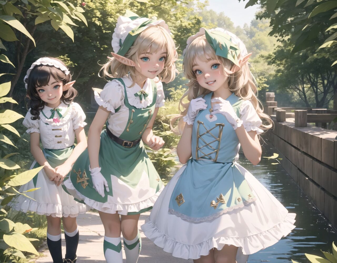 (four Adorable and charming lolita elf girls:1.8), 
innocent and youthful expression, gentle smile with soft blushing cheeks, shy yet endearing demeanor,

cute and embarrassed idol smile,

deep dark blue-green eyes sparkling with purity,
silvery hair, stylishly cut short, delicately flowing strands,

facing the camera, making eye contact, exuding childlike wonder,

cute and natural posture, youthful and graceful,

flirtatious and innocent eyes, perfect blend of innocence and enchantment,
quintessential kawaii girl,
elegant Lolita fashion with black and white lace, intricate patterns, ribbons, and frills, over-the-knee socks, frilly headband, petticoat for extra volume, lace gloves, apron with frills, and frilled short boots, fresh and pure poses, radiating natural charm,

low angle shot emphasizing her kawaii appeal and highlighting the delicate textures of her hair and clothes,
natural lighting casting soft shadows, enhancing the youthful contours of her face,

sharp focus,

high resolution, vivid and detailed,
professional quality, vibrant colors,

ultra-high resolution capturing every detail from the individual strands of her hair to the intricate lace and fabrics of her costume,
professional-grade clarity and contrast bringing vibrant colors to life,