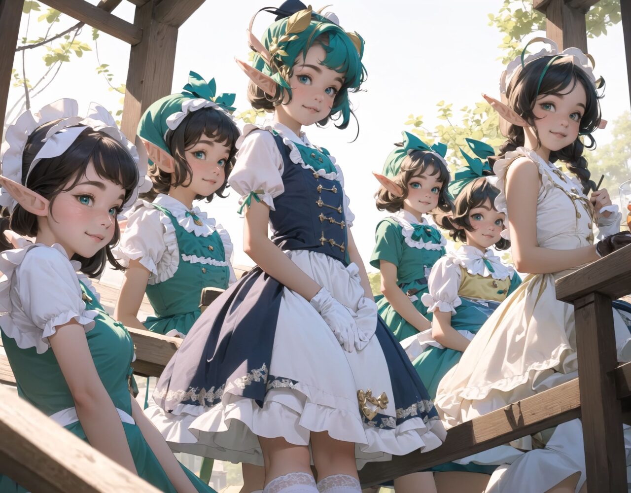 (four Adorable and charming lolita elf girls:1.8), 
innocent and youthful expression, gentle smile with soft blushing cheeks, shy yet endearing demeanor,

cute and embarrassed idol smile,

deep dark blue-green eyes sparkling with purity,
silvery hair, stylishly cut short, delicately flowing strands,

facing the camera, making eye contact, exuding childlike wonder,

cute and natural posture, youthful and graceful,

flirtatious and innocent eyes, perfect blend of innocence and enchantment,
quintessential kawaii girl,
elegant Lolita fashion with black and white lace, intricate patterns, ribbons, and frills, over-the-knee socks, frilly headband, petticoat for extra volume, lace gloves, apron with frills, and frilled short boots, fresh and pure poses, radiating natural charm,

low angle shot emphasizing her kawaii appeal and highlighting the delicate textures of her hair and clothes,
natural lighting casting soft shadows, enhancing the youthful contours of her face,

sharp focus,

high resolution, vivid and detailed,
professional quality, vibrant colors,

ultra-high resolution capturing every detail from the individual strands of her hair to the intricate lace and fabrics of her costume,
professional-grade clarity and contrast bringing vibrant colors to life,