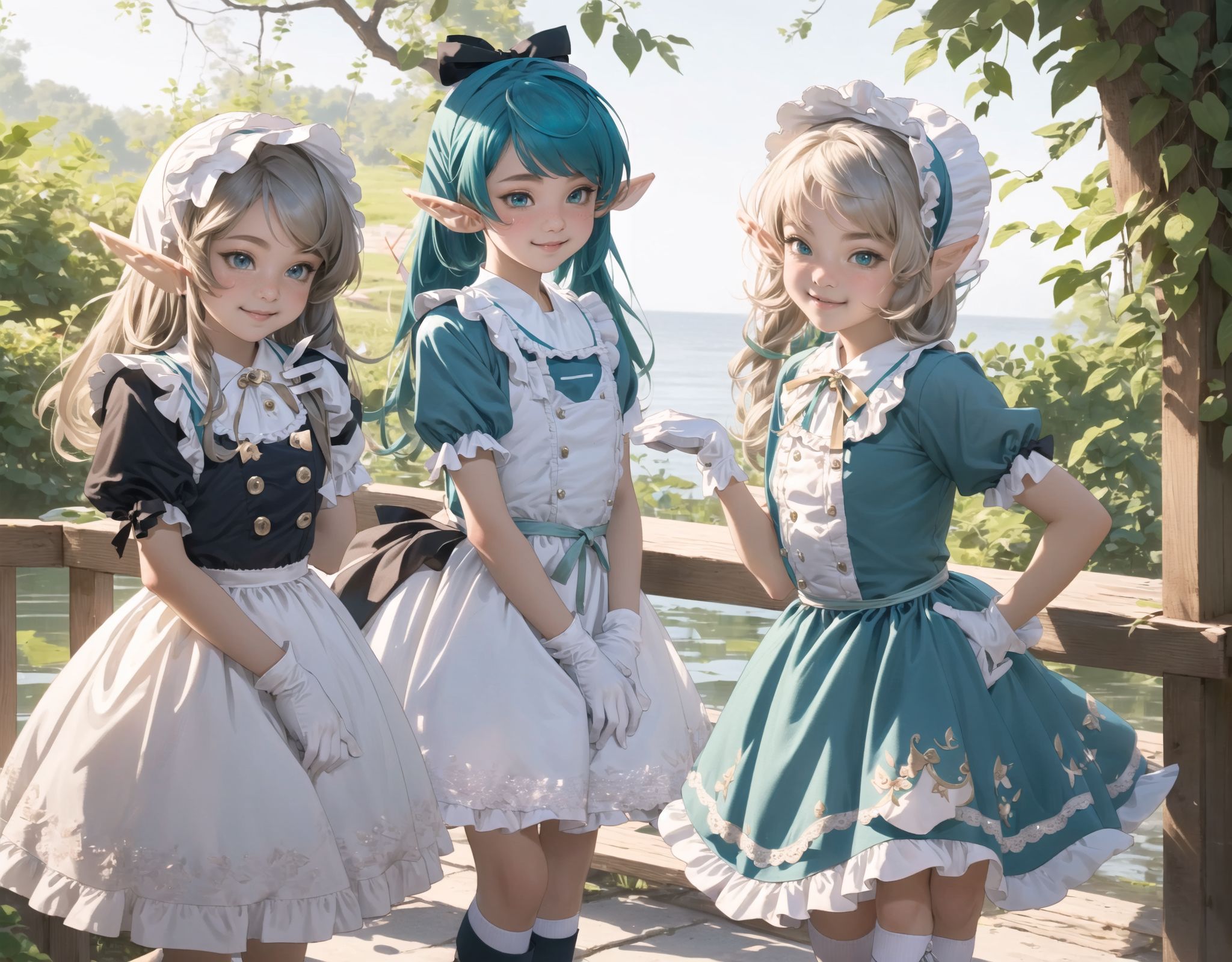 (four Adorable and charming lolita elf girls:1.8), 
innocent and youthful expression, gentle smile with soft blushing cheeks, shy yet endearing demeanor,

cute and embarrassed idol smile,

deep dark blue-green eyes sparkling with purity,
silvery hair, stylishly cut short, delicately flowing strands,

facing the camera, making eye contact, exuding childlike wonder,

cute and natural posture, youthful and graceful,

flirtatious and innocent eyes, perfect blend of innocence and enchantment,
quintessential kawaii girl,
elegant Lolita fashion with black and white lace, intricate patterns, ribbons, and frills, over-the-knee socks, frilly headband, petticoat for extra volume, lace gloves, apron with frills, and frilled short boots, fresh and pure poses, radiating natural charm,

low angle shot emphasizing her kawaii appeal and highlighting the delicate textures of her hair and clothes,
natural lighting casting soft shadows, enhancing the youthful contours of her face,

sharp focus,

high resolution, vivid and detailed,
professional quality, vibrant colors,

ultra-high resolution capturing every detail from the individual strands of her hair to the intricate lace and fabrics of her costume,
professional-grade clarity and contrast bringing vibrant colors to life,