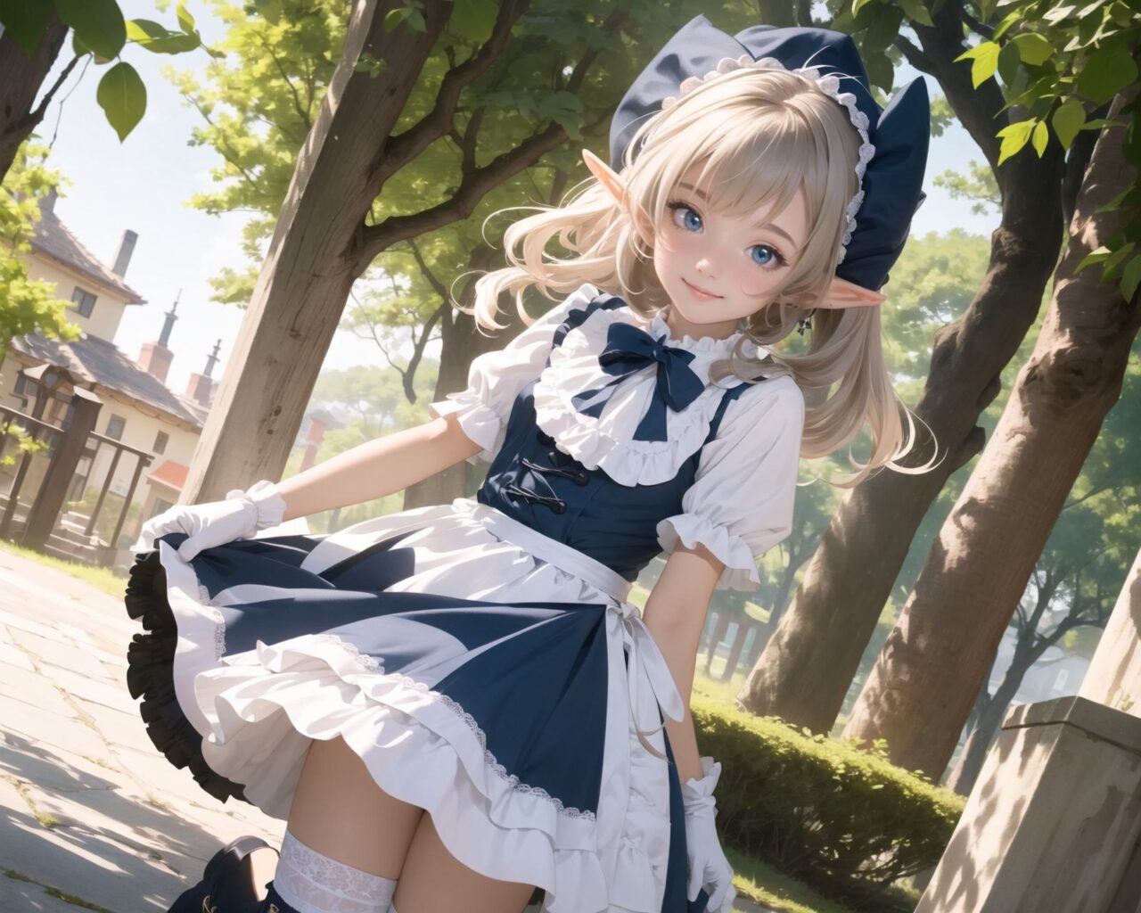 (four Adorable and charming lolita elf girls:1.6), 
innocent and youthful expression, gentle smile with soft blushing cheeks, shy yet endearing demeanor,

cute and embarrassed idol smile,

deep dark blue-green eyes sparkling with purity,
silvery hair, stylishly cut short, delicately flowing strands,

facing the camera, making eye contact, exuding childlike wonder,

cute and natural posture, youthful and graceful,

flirtatious and innocent eyes, perfect blend of innocence and enchantment,
quintessential kawaii girl,
elegant Lolita fashion with black and white lace, intricate patterns, ribbons, and frills, over-the-knee socks, frilly headband, petticoat for extra volume, lace gloves, apron with frills, and frilled short boots, fresh and pure poses, radiating natural charm,

(low angle shot emphasizing her kawaii appeal and highlighting the delicate textures of her hair and clothes:1.2),
natural lighting casting soft shadows, enhancing the youthful contours of her face,

sharp focus,

high resolution, vivid and detailed,
professional quality, vibrant colors,

ultra-high resolution capturing every detail from the individual strands of her hair to the intricate lace and fabrics of her costume,
professional-grade clarity and contrast bringing vibrant colors to life,