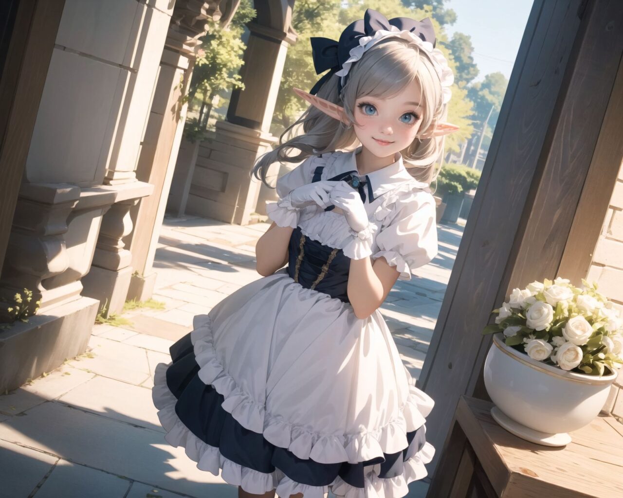 (four Adorable and charming lolita elf girls:1.6), 
innocent and youthful expression, gentle smile with soft blushing cheeks, shy yet endearing demeanor,

cute and embarrassed idol smile,

deep dark blue-green eyes sparkling with purity,
silvery hair, stylishly cut short, delicately flowing strands,

facing the camera, making eye contact, exuding childlike wonder,

cute and natural posture, youthful and graceful,

flirtatious and innocent eyes, perfect blend of innocence and enchantment,
quintessential kawaii girl,
elegant Lolita fashion with black and white lace, intricate patterns, ribbons, and frills, over-the-knee socks, frilly headband, petticoat for extra volume, lace gloves, apron with frills, and frilled short boots, fresh and pure poses, radiating natural charm,

(low angle shot emphasizing her kawaii appeal and highlighting the delicate textures of her hair and clothes:1.2),
natural lighting casting soft shadows, enhancing the youthful contours of her face,

sharp focus,

high resolution, vivid and detailed,
professional quality, vibrant colors,

ultra-high resolution capturing every detail from the individual strands of her hair to the intricate lace and fabrics of her costume,
professional-grade clarity and contrast bringing vibrant colors to life,