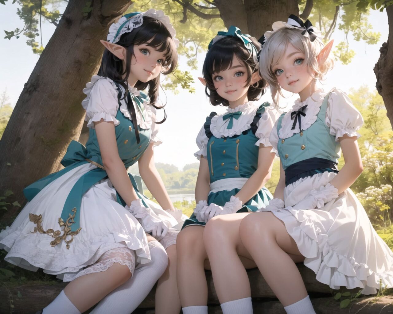 (four Adorable and charming lolita elf girls:1.6), 
innocent and youthful expression, gentle smile with soft blushing cheeks, shy yet endearing demeanor,

cute and embarrassed idol smile,

deep dark blue-green eyes sparkling with purity,
silvery hair, stylishly cut short, delicately flowing strands,

facing the camera, making eye contact, exuding childlike wonder,

cute and natural posture, youthful and graceful,

flirtatious and innocent eyes, perfect blend of innocence and enchantment,
quintessential kawaii girl,
elegant Lolita fashion with black and white lace, intricate patterns, ribbons, and frills, over-the-knee socks, frilly headband, petticoat for extra volume, lace gloves, apron with frills, and frilled short boots, fresh and pure poses, radiating natural charm,

(low angle shot emphasizing her kawaii appeal and highlighting the delicate textures of her hair and clothes:1.2),
natural lighting casting soft shadows, enhancing the youthful contours of her face,

sharp focus,

high resolution, vivid and detailed,
professional quality, vibrant colors,

ultra-high resolution capturing every detail from the individual strands of her hair to the intricate lace and fabrics of her costume,
professional-grade clarity and contrast bringing vibrant colors to life,