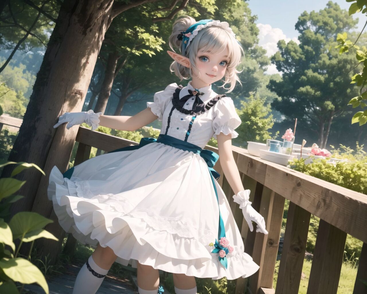 (four Adorable and charming lolita elf girls:1.6), 
innocent and youthful expression, gentle smile with soft blushing cheeks, shy yet endearing demeanor,

cute and embarrassed idol smile,

deep dark blue-green eyes sparkling with purity,
silvery hair, stylishly cut short, delicately flowing strands,

facing the camera, making eye contact, exuding childlike wonder,

cute and natural posture, youthful and graceful,

flirtatious and innocent eyes, perfect blend of innocence and enchantment,
quintessential kawaii girl,
elegant Lolita fashion with black and white lace, intricate patterns, ribbons, and frills, over-the-knee socks, frilly headband, petticoat for extra volume, lace gloves, apron with frills, and frilled short boots, fresh and pure poses, radiating natural charm,

(low angle shot emphasizing her kawaii appeal and highlighting the delicate textures of her hair and clothes:1.2),
natural lighting casting soft shadows, enhancing the youthful contours of her face,

sharp focus,

high resolution, vivid and detailed,
professional quality, vibrant colors,

ultra-high resolution capturing every detail from the individual strands of her hair to the intricate lace and fabrics of her costume,
professional-grade clarity and contrast bringing vibrant colors to life,