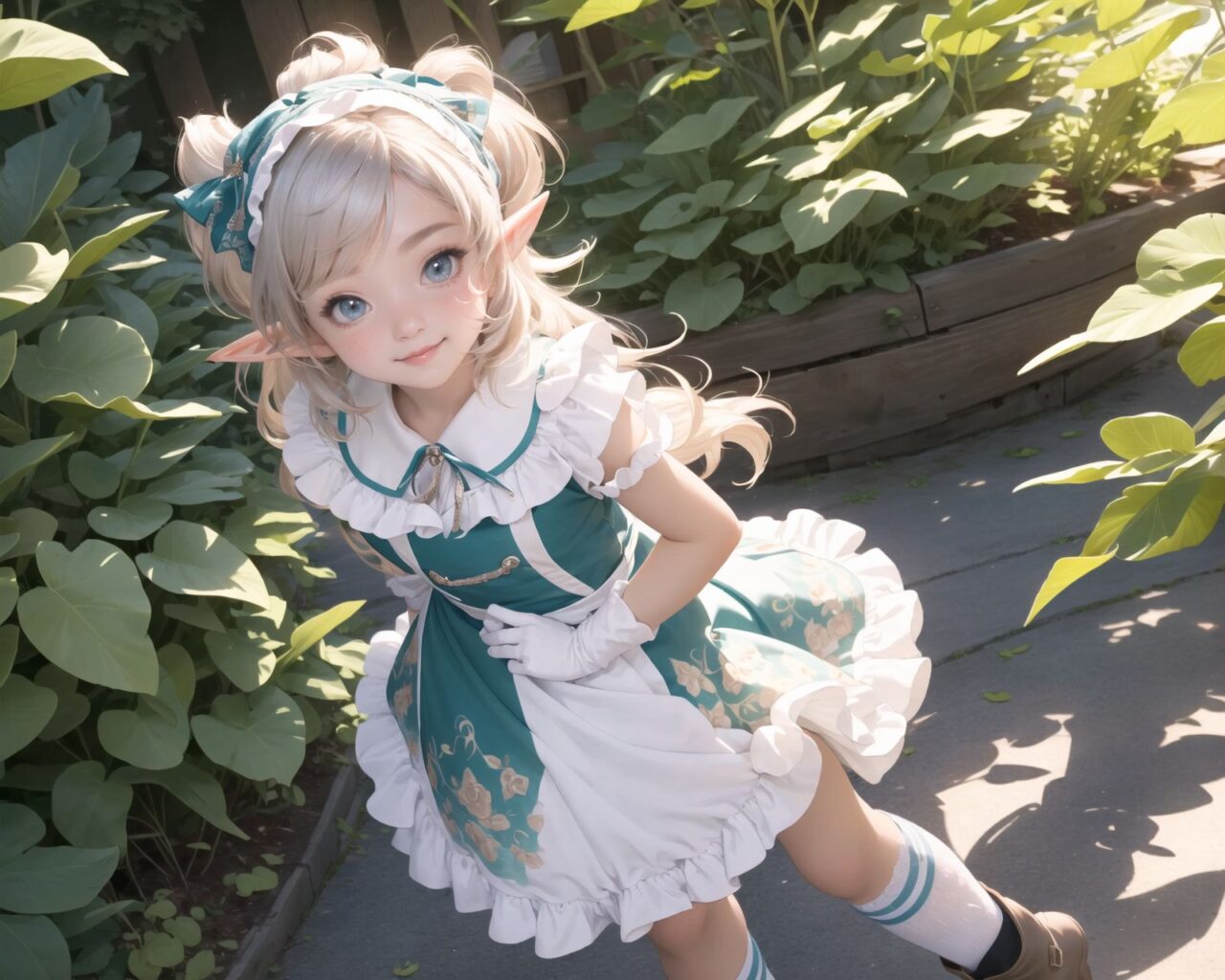 (four Adorable and charming lolita elf girls:1.6), 
innocent and youthful expression, gentle smile with soft blushing cheeks, shy yet endearing demeanor,

cute and embarrassed idol smile,

deep dark blue-green eyes sparkling with purity,
silvery hair, stylishly cut short, delicately flowing strands,

facing the camera, making eye contact, exuding childlike wonder,

cute and natural posture, youthful and graceful,

flirtatious and innocent eyes, perfect blend of innocence and enchantment,
quintessential kawaii girl,
elegant Lolita fashion with black and white lace, intricate patterns, ribbons, and frills, over-the-knee socks, frilly headband, petticoat for extra volume, lace gloves, apron with frills, and frilled short boots, fresh and pure poses, radiating natural charm,

(low angle shot emphasizing her kawaii appeal and highlighting the delicate textures of her hair and clothes:1.2),
natural lighting casting soft shadows, enhancing the youthful contours of her face,

sharp focus,

high resolution, vivid and detailed,
professional quality, vibrant colors,

ultra-high resolution capturing every detail from the individual strands of her hair to the intricate lace and fabrics of her costume,
professional-grade clarity and contrast bringing vibrant colors to life,