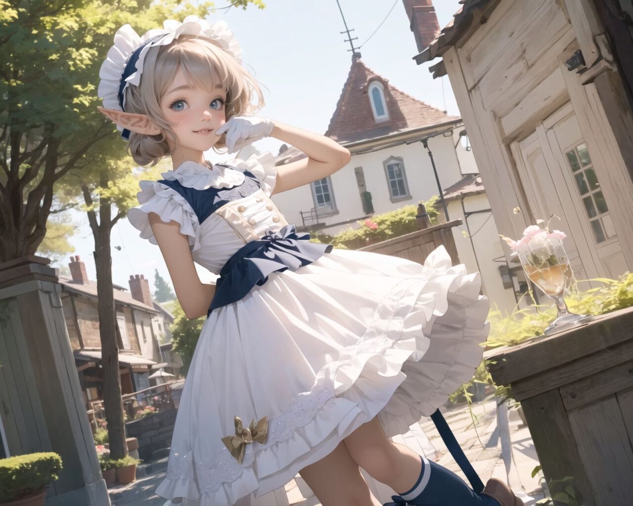 (four Adorable and charming lolita elf girls:1.6), 
innocent and youthful expression, gentle smile with soft blushing cheeks, shy yet endearing demeanor,

cute and embarrassed idol smile,

deep dark blue-green eyes sparkling with purity,
silvery hair, stylishly cut short, delicately flowing strands,

facing the camera, making eye contact, exuding childlike wonder,

cute and natural posture, youthful and graceful,

flirtatious and innocent eyes, perfect blend of innocence and enchantment,
quintessential kawaii girl,
elegant Lolita fashion with black and white lace, intricate patterns, ribbons, and frills, over-the-knee socks, frilly headband, petticoat for extra volume, lace gloves, apron with frills, and frilled short boots, fresh and pure poses, radiating natural charm,

(low angle shot emphasizing her kawaii appeal and highlighting the delicate textures of her hair and clothes:1.2),
natural lighting casting soft shadows, enhancing the youthful contours of her face,

sharp focus,

high resolution, vivid and detailed,
professional quality, vibrant colors,

ultra-high resolution capturing every detail from the individual strands of her hair to the intricate lace and fabrics of her costume,
professional-grade clarity and contrast bringing vibrant colors to life,