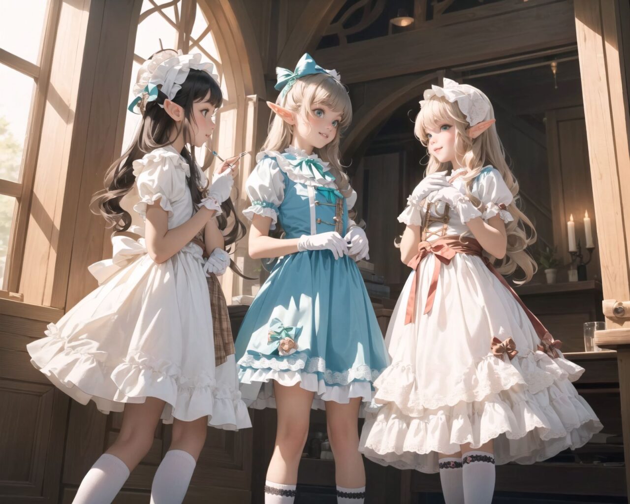 (four Adorable and charming lolita elf girls:1.6), 
innocent and youthful expression, gentle smile with soft blushing cheeks, shy yet endearing demeanor,

cute and embarrassed idol smile,

deep dark blue-green eyes sparkling with purity,
silvery hair, stylishly cut short, delicately flowing strands,

facing the camera, making eye contact, exuding childlike wonder,

cute and natural posture, youthful and graceful,

flirtatious and innocent eyes, perfect blend of innocence and enchantment,
quintessential kawaii girl,
elegant Lolita fashion with black and white lace, intricate patterns, ribbons, and frills, over-the-knee socks, frilly headband, petticoat for extra volume, lace gloves, apron with frills, and frilled short boots, fresh and pure poses, radiating natural charm,

(low angle shot emphasizing her kawaii appeal and highlighting the delicate textures of her hair and clothes:1.2),
natural lighting casting soft shadows, enhancing the youthful contours of her face,

sharp focus,

high resolution, vivid and detailed,
professional quality, vibrant colors,

ultra-high resolution capturing every detail from the individual strands of her hair to the intricate lace and fabrics of her costume,
professional-grade clarity and contrast bringing vibrant colors to life,