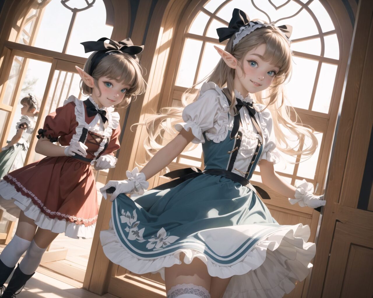 (four Adorable and charming lolita elf girls:1.6), 
innocent and youthful expression, gentle smile with soft blushing cheeks, shy yet endearing demeanor,

cute and embarrassed idol smile,

deep dark blue-green eyes sparkling with purity,
silvery hair, stylishly cut short, delicately flowing strands,

facing the camera, making eye contact, exuding childlike wonder,

cute and natural posture, youthful and graceful,

flirtatious and innocent eyes, perfect blend of innocence and enchantment,
quintessential kawaii girl,
elegant Lolita fashion with black and white lace, intricate patterns, ribbons, and frills, over-the-knee socks, frilly headband, petticoat for extra volume, lace gloves, apron with frills, and frilled short boots, fresh and pure poses, radiating natural charm,

(low angle shot emphasizing her kawaii appeal and highlighting the delicate textures of her hair and clothes:1.2),
natural lighting casting soft shadows, enhancing the youthful contours of her face,

sharp focus,

high resolution, vivid and detailed,
professional quality, vibrant colors,

ultra-high resolution capturing every detail from the individual strands of her hair to the intricate lace and fabrics of her costume,
professional-grade clarity and contrast bringing vibrant colors to life,