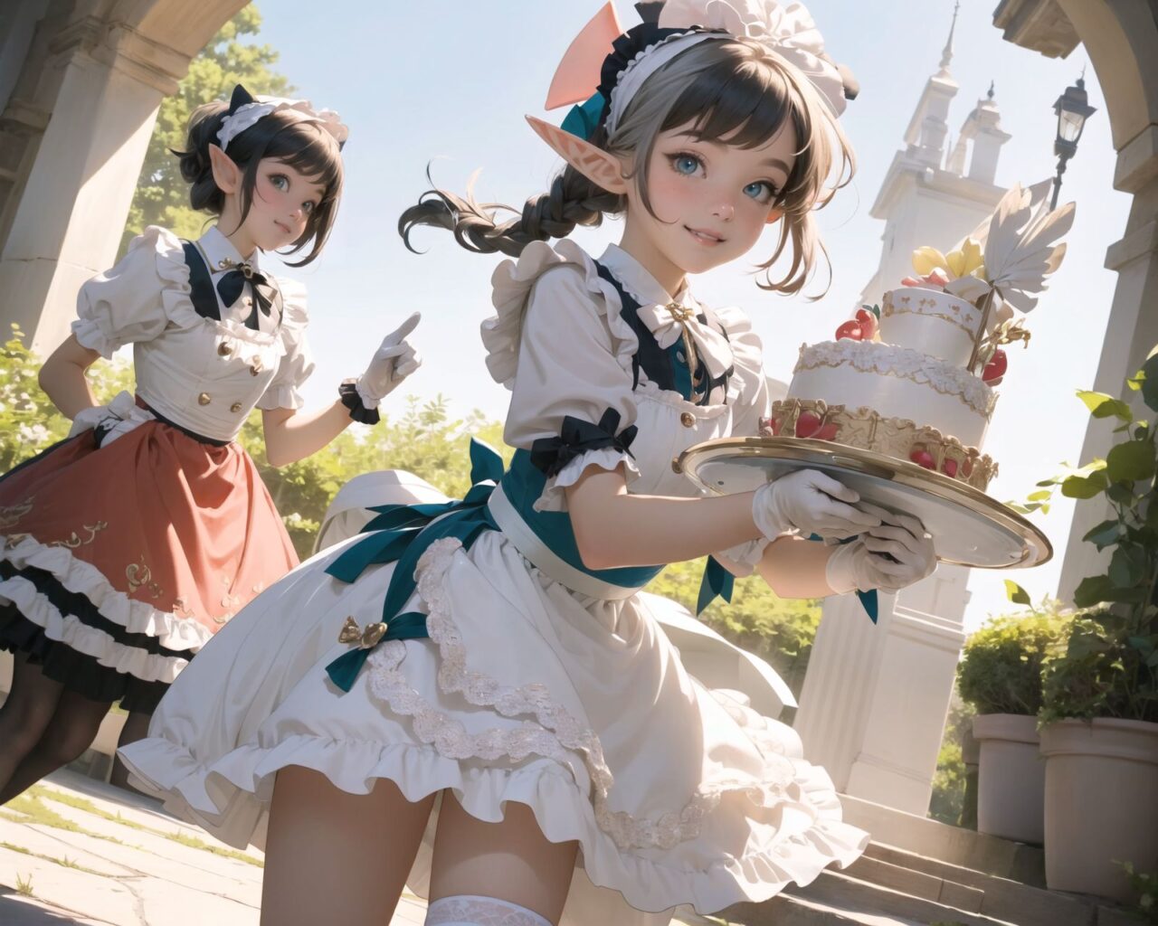 (four Adorable and charming lolita elf girls:1.6), 
innocent and youthful expression, gentle smile with soft blushing cheeks, shy yet endearing demeanor,

cute and embarrassed idol smile,

deep dark blue-green eyes sparkling with purity,
silvery hair, stylishly cut short, delicately flowing strands,

facing the camera, making eye contact, exuding childlike wonder,

cute and natural posture, youthful and graceful,

flirtatious and innocent eyes, perfect blend of innocence and enchantment,
quintessential kawaii girl,
elegant Lolita fashion with black and white lace, intricate patterns, ribbons, and frills, over-the-knee socks, frilly headband, petticoat for extra volume, lace gloves, apron with frills, and frilled short boots, fresh and pure poses, radiating natural charm,

(low angle shot emphasizing her kawaii appeal and highlighting the delicate textures of her hair and clothes:1.2),
natural lighting casting soft shadows, enhancing the youthful contours of her face,

sharp focus,

high resolution, vivid and detailed,
professional quality, vibrant colors,

ultra-high resolution capturing every detail from the individual strands of her hair to the intricate lace and fabrics of her costume,
professional-grade clarity and contrast bringing vibrant colors to life,