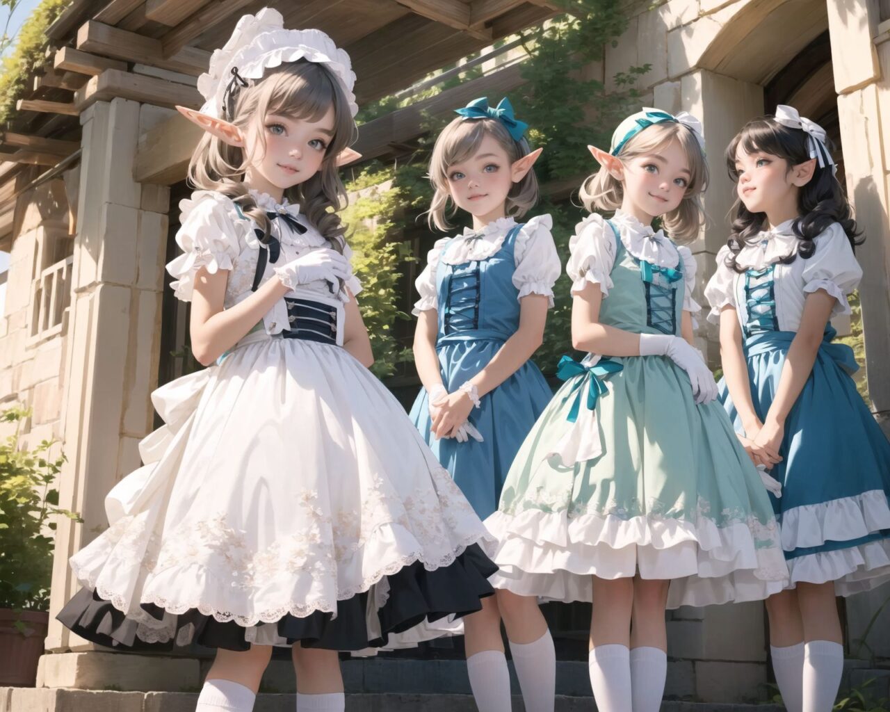 (four Adorable and charming lolita elf girls:1.6), 
innocent and youthful expression, gentle smile with soft blushing cheeks, shy yet endearing demeanor,

cute and embarrassed idol smile,

deep dark blue-green eyes sparkling with purity,
silvery hair, stylishly cut short, delicately flowing strands,

facing the camera, making eye contact, exuding childlike wonder,

cute and natural posture, youthful and graceful,

flirtatious and innocent eyes, perfect blend of innocence and enchantment,
quintessential kawaii girl,
elegant Lolita fashion with black and white lace, intricate patterns, ribbons, and frills, over-the-knee socks, frilly headband, petticoat for extra volume, lace gloves, apron with frills, and frilled short boots, fresh and pure poses, radiating natural charm,

(low angle shot emphasizing her kawaii appeal and highlighting the delicate textures of her hair and clothes:1.2),
natural lighting casting soft shadows, enhancing the youthful contours of her face,

sharp focus,

high resolution, vivid and detailed,
professional quality, vibrant colors,

ultra-high resolution capturing every detail from the individual strands of her hair to the intricate lace and fabrics of her costume,
professional-grade clarity and contrast bringing vibrant colors to life,