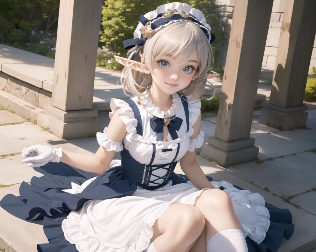 (four Adorable and charming lolita elf girls:1.6), 
innocent and youthful expression, gentle smile with soft blushing cheeks, shy yet endearing demeanor,

cute and embarrassed idol smile,

deep dark blue-green eyes sparkling with purity,
silvery hair, stylishly cut short, delicately flowing strands,

facing the camera, making eye contact, exuding childlike wonder,

cute and natural posture, youthful and graceful,

flirtatious and innocent eyes, perfect blend of innocence and enchantment,
quintessential kawaii girl,
elegant Lolita fashion with black and white lace, intricate patterns, ribbons, and frills, over-the-knee socks, frilly headband, petticoat for extra volume, lace gloves, apron with frills, and frilled short boots, fresh and pure poses, radiating natural charm,

(low angle shot emphasizing her kawaii appeal and highlighting the delicate textures of her hair and clothes:1.2),
natural lighting casting soft shadows, enhancing the youthful contours of her face,

sharp focus,

high resolution, vivid and detailed,
professional quality, vibrant colors,

ultra-high resolution capturing every detail from the individual strands of her hair to the intricate lace and fabrics of her costume,
professional-grade clarity and contrast bringing vibrant colors to life,