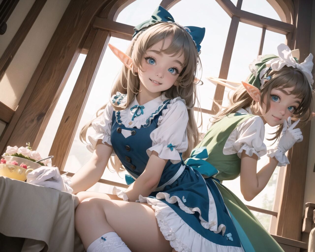 (four Adorable and charming lolita elf girls:1.6), 
innocent and youthful expression, gentle smile with soft blushing cheeks, shy yet endearing demeanor,

cute and embarrassed idol smile,

deep dark blue-green eyes sparkling with purity,
silvery hair, stylishly cut short, delicately flowing strands,

facing the camera, making eye contact, exuding childlike wonder,

cute and natural posture, youthful and graceful,

flirtatious and innocent eyes, perfect blend of innocence and enchantment,
quintessential kawaii girl,
elegant Lolita fashion with black and white lace, intricate patterns, ribbons, and frills, over-the-knee socks, frilly headband, petticoat for extra volume, lace gloves, apron with frills, and frilled short boots, fresh and pure poses, radiating natural charm,

(low angle shot emphasizing her kawaii appeal and highlighting the delicate textures of her hair and clothes:1.2),
natural lighting casting soft shadows, enhancing the youthful contours of her face,

sharp focus,

high resolution, vivid and detailed,
professional quality, vibrant colors,

ultra-high resolution capturing every detail from the individual strands of her hair to the intricate lace and fabrics of her costume,
professional-grade clarity and contrast bringing vibrant colors to life,